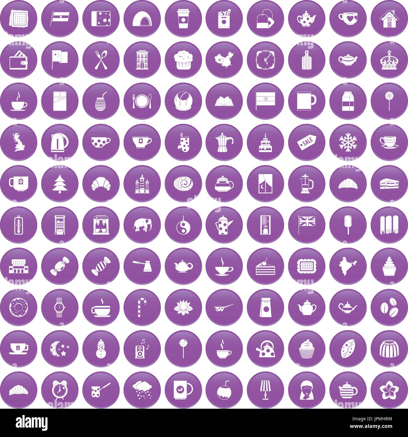 100 tea cup icons set purple Stock Vector