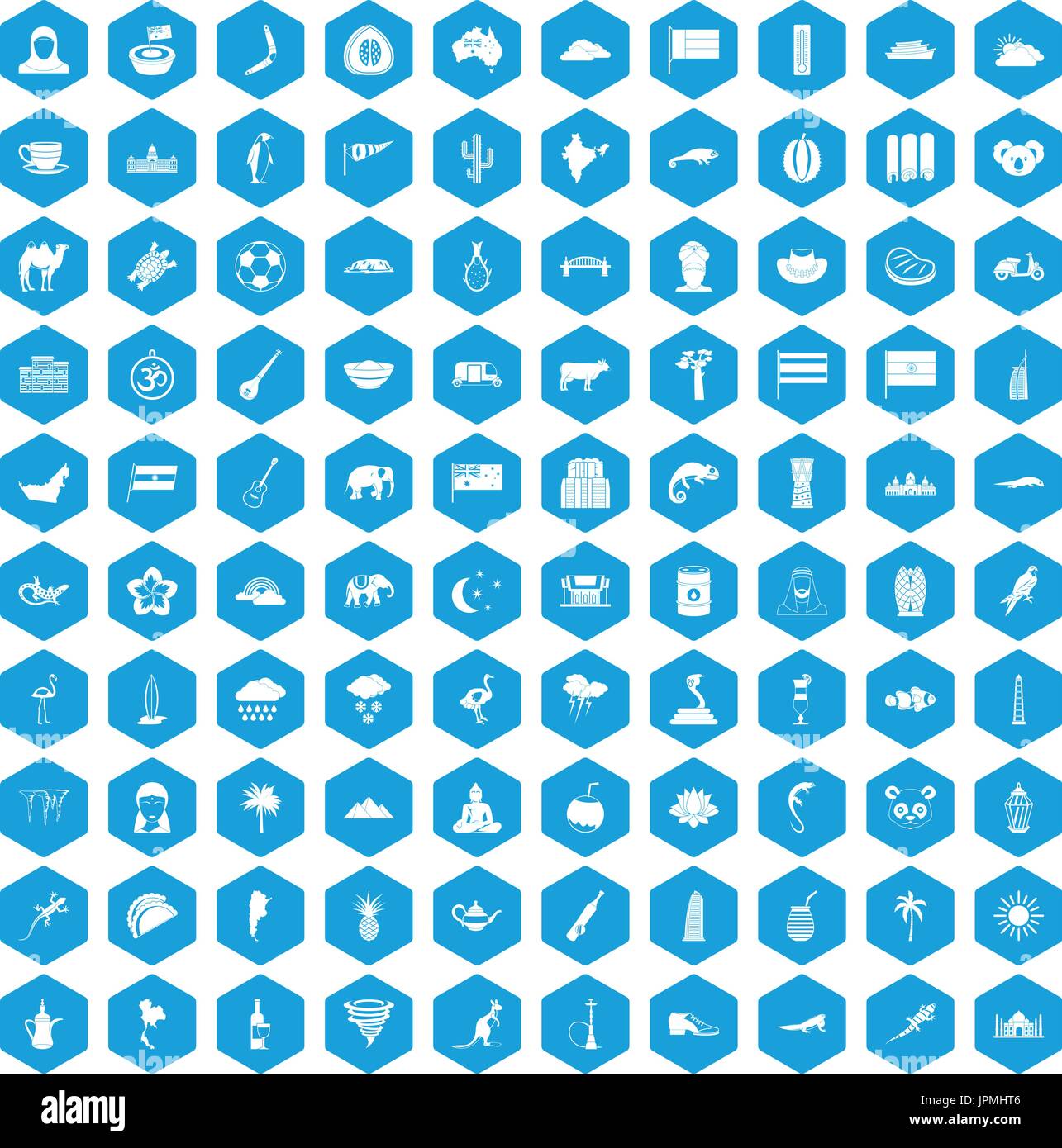 100 exotic animals icons set blue Stock Vector