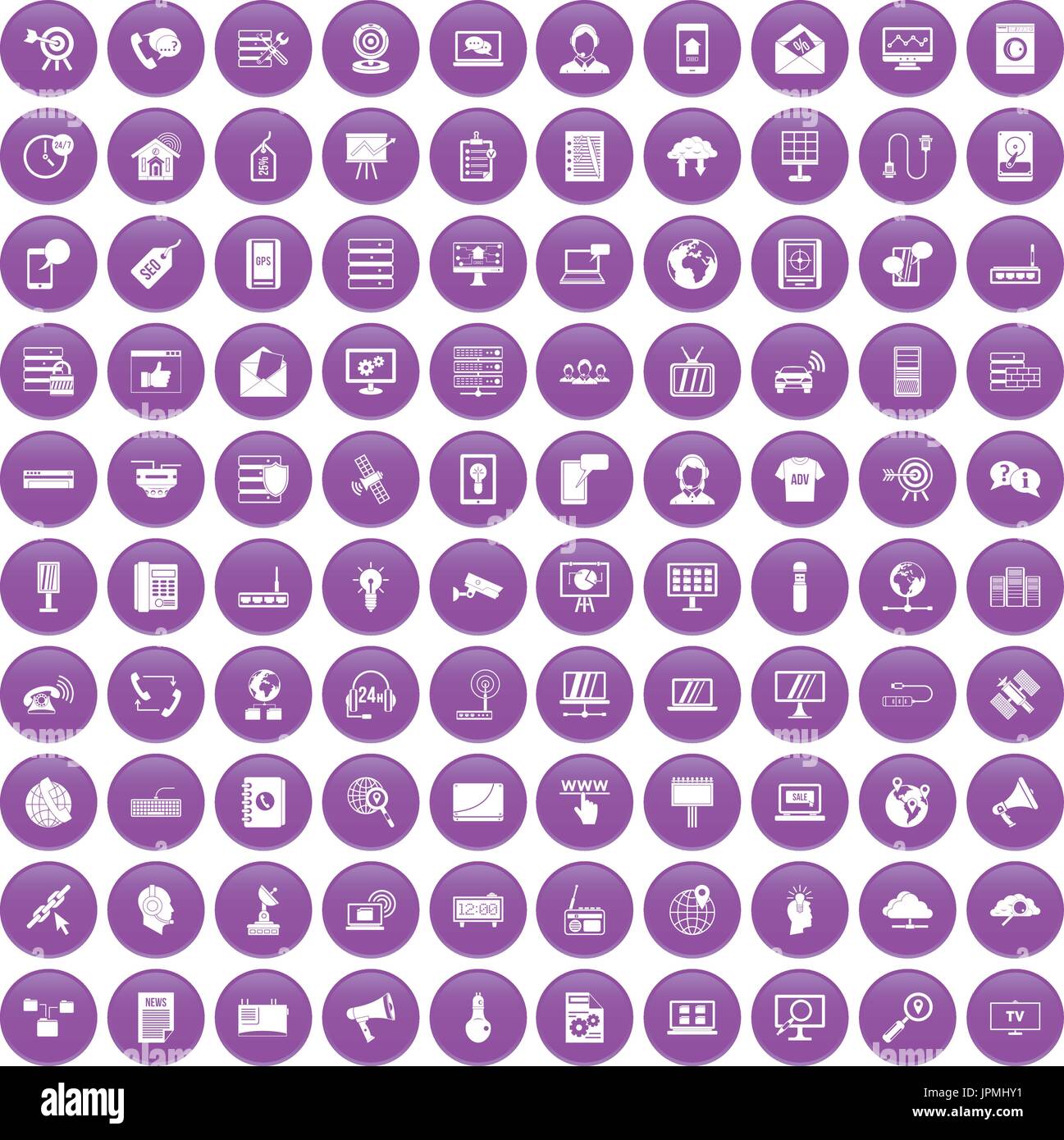 100 telecommunication icons set purple Stock Vector