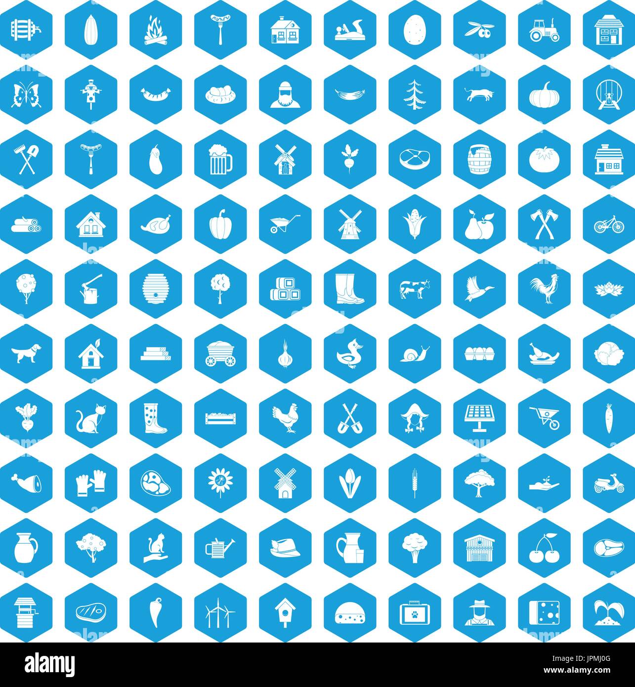 100 farm icons set blue Stock Vector