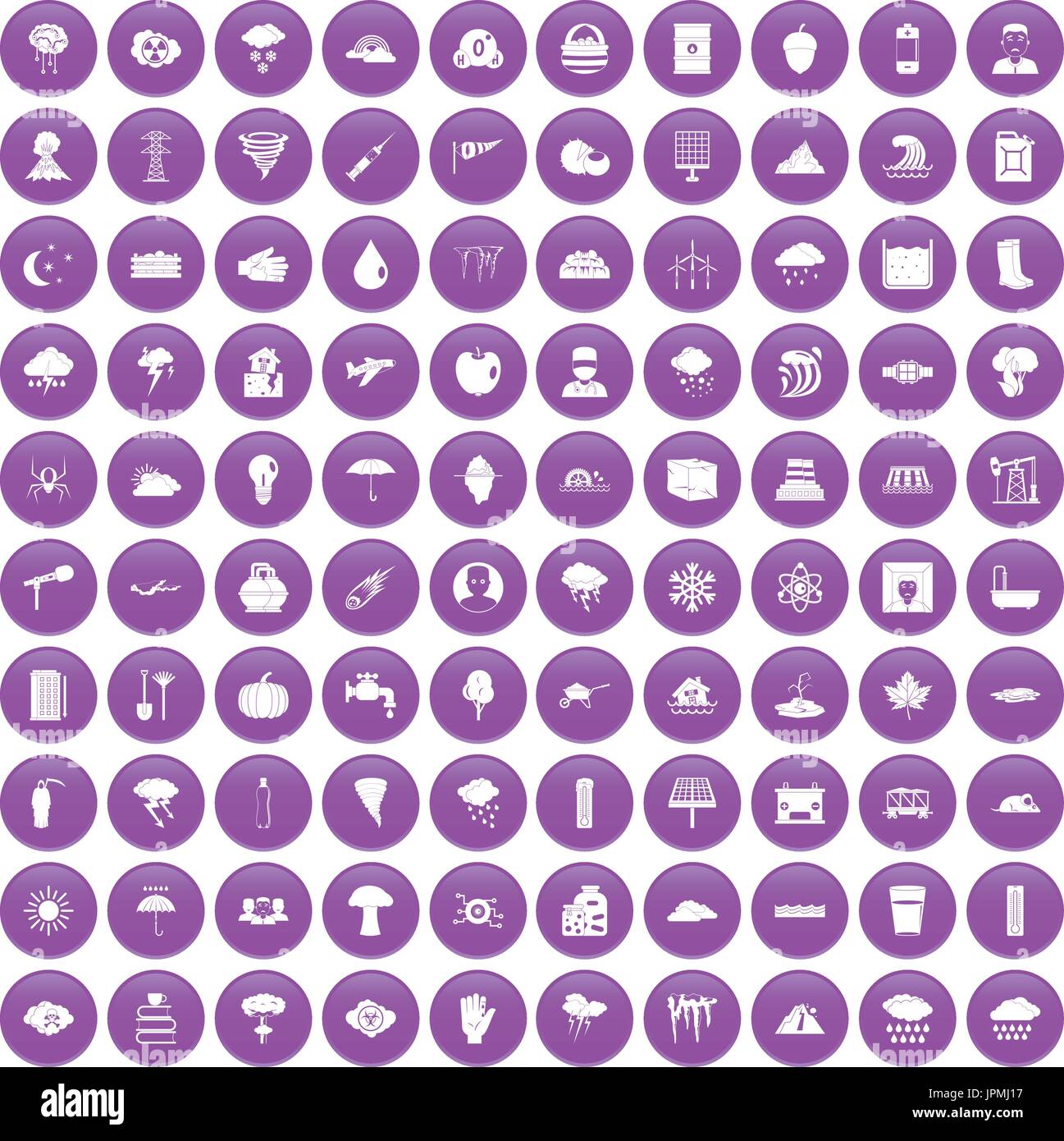 100 thunderstorm icons set purple Stock Vector