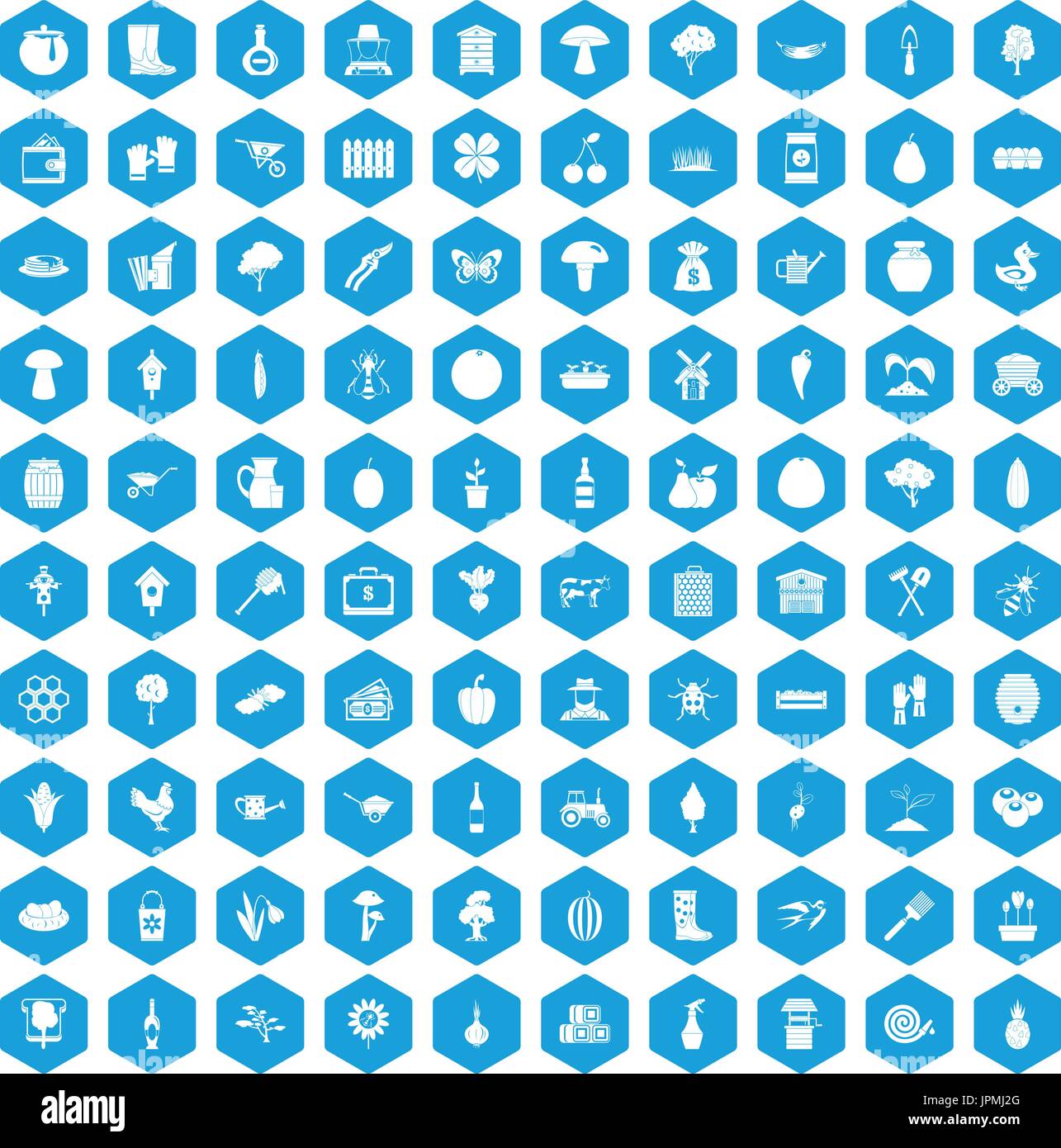 100 farming icons set blue Stock Vector