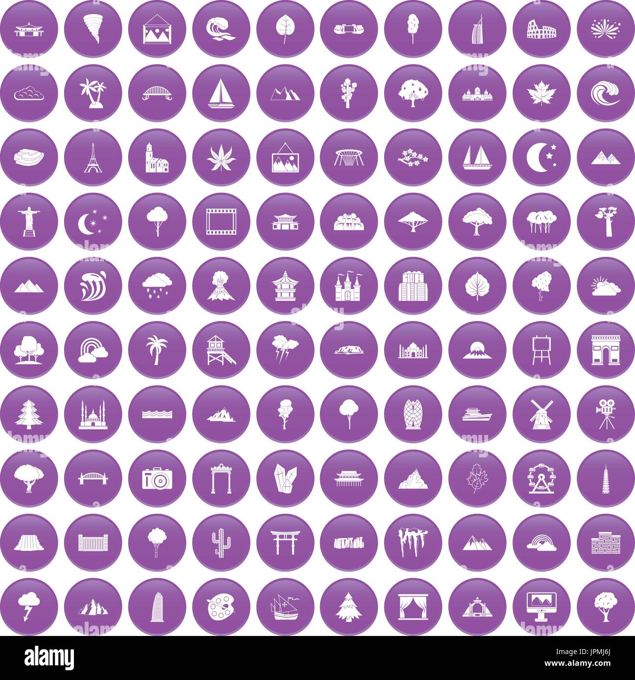 100 view icons set purple Stock Vector