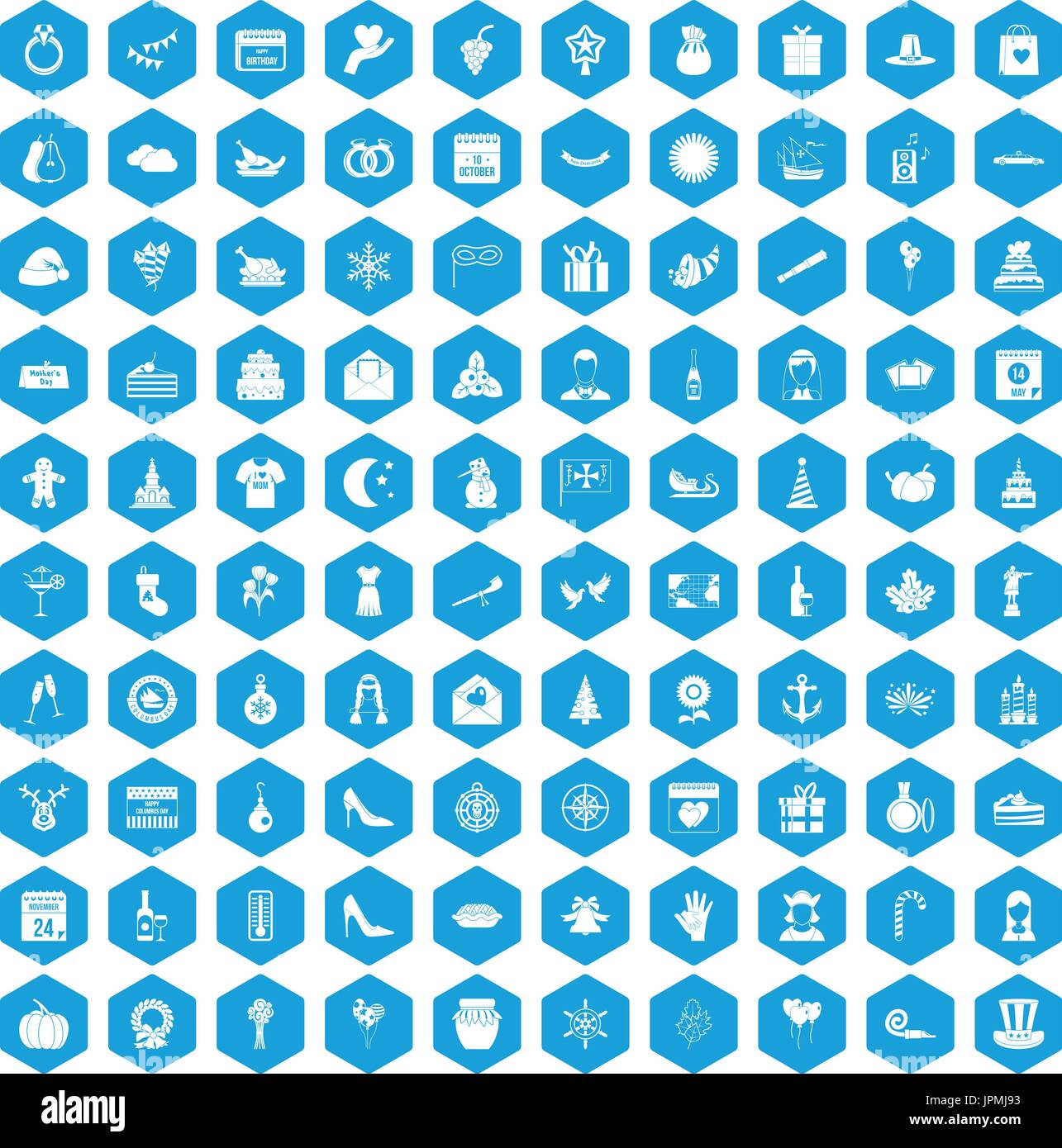100 festive day icons set blue Stock Vector