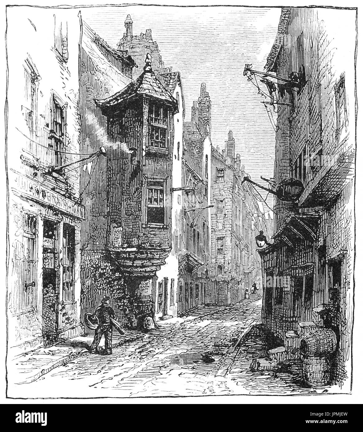 1870: 'Cardinal Beaton's House': which stood on the north side of the Cowgate, between Blackfriars' Wynd and Todrick's Wynd. The house originally belonged to James Beaton, Archbishop of Glasgow from 1509-1522, and thereafter to the Bishop of St Andrews until 1546. James V lodged here in 1528. Edinburgh, Scotland Stock Photo