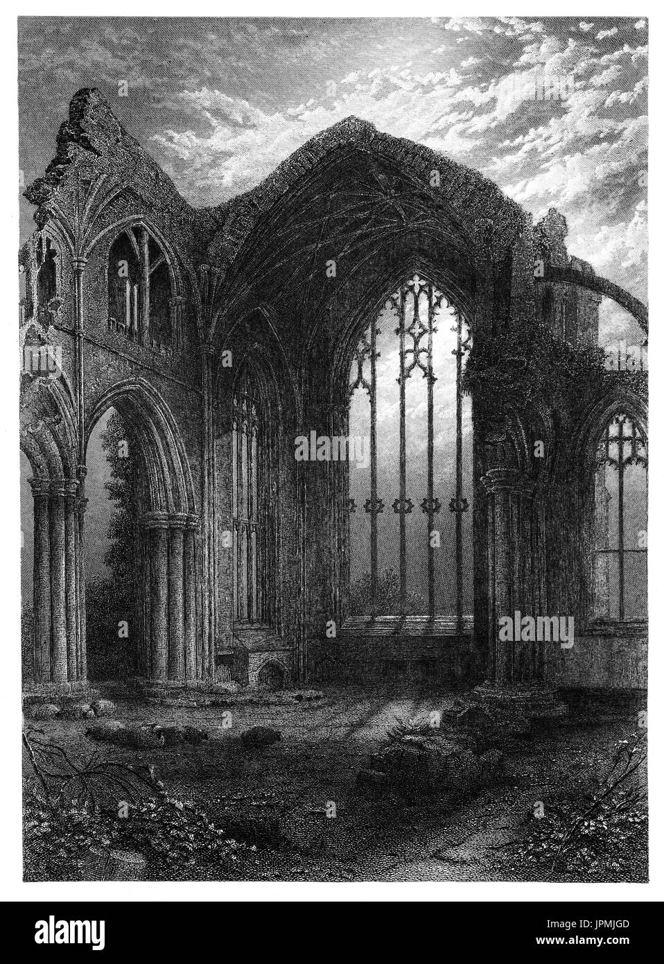 1870: St Mary's Abbey, Melrose is a partly ruined Gothic  monastery of the Cistercian order in Melrose, Roxburghshire, in the Scottish Borders. It was founded in 1136 by Cistercian monks at the request of King David I of Scotland, and was the chief house of that order in the country until the Reformation. Stock Photo