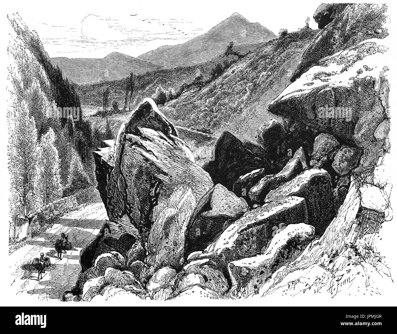 1870: Early travellers on the Scalp. The pass runs over a shoulder of Shankhill Mountain and through a ravine. From the south entrance a very fine view is obtained, having in the foreground the Greater and the Lesser Sugar Loaf Mountains, County Wicklow, Ireland Stock Photo
