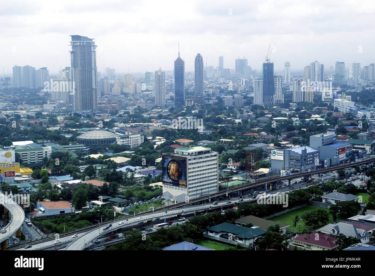 METRO MANILA, PHILIPPINES JULY 31, 2017 Aerial view of residential and commercial areas and