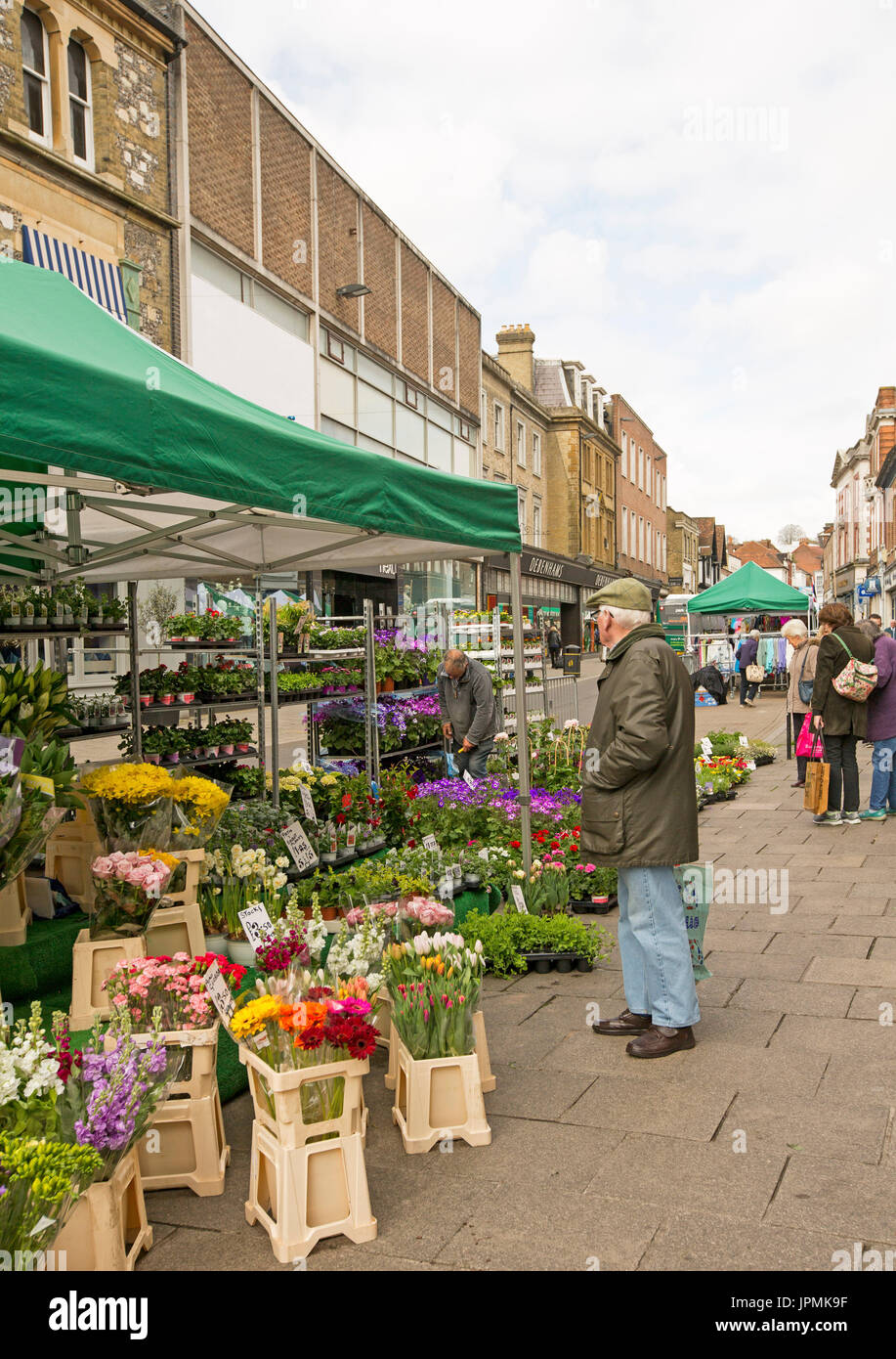 Flower stall with elderly man looking at colourful display of fresh flowers under green & white awning at street market in Winchester, England Stock Photo