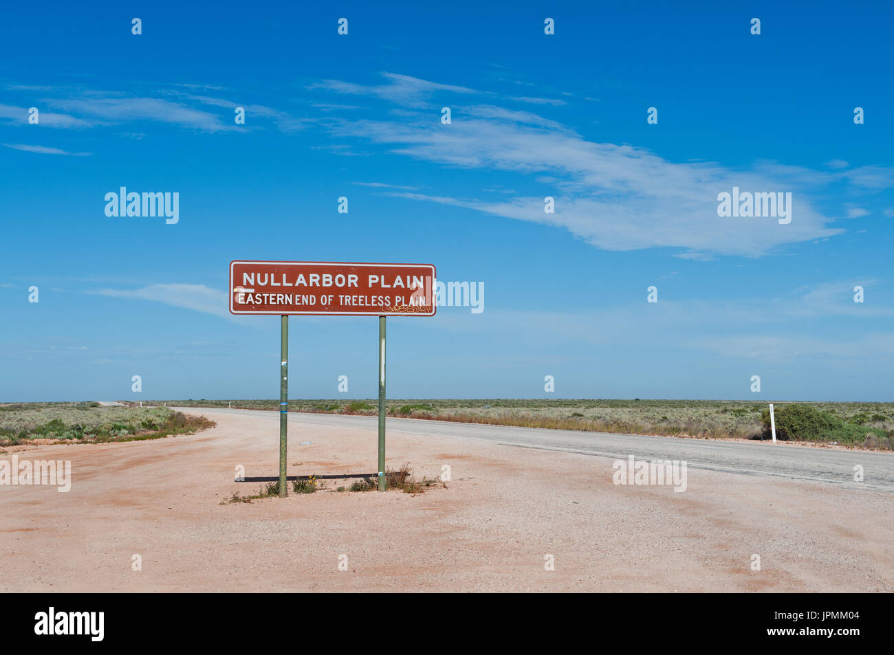 Road Sign shows the eastern end of the Nullarbor Plain. Stock Photo