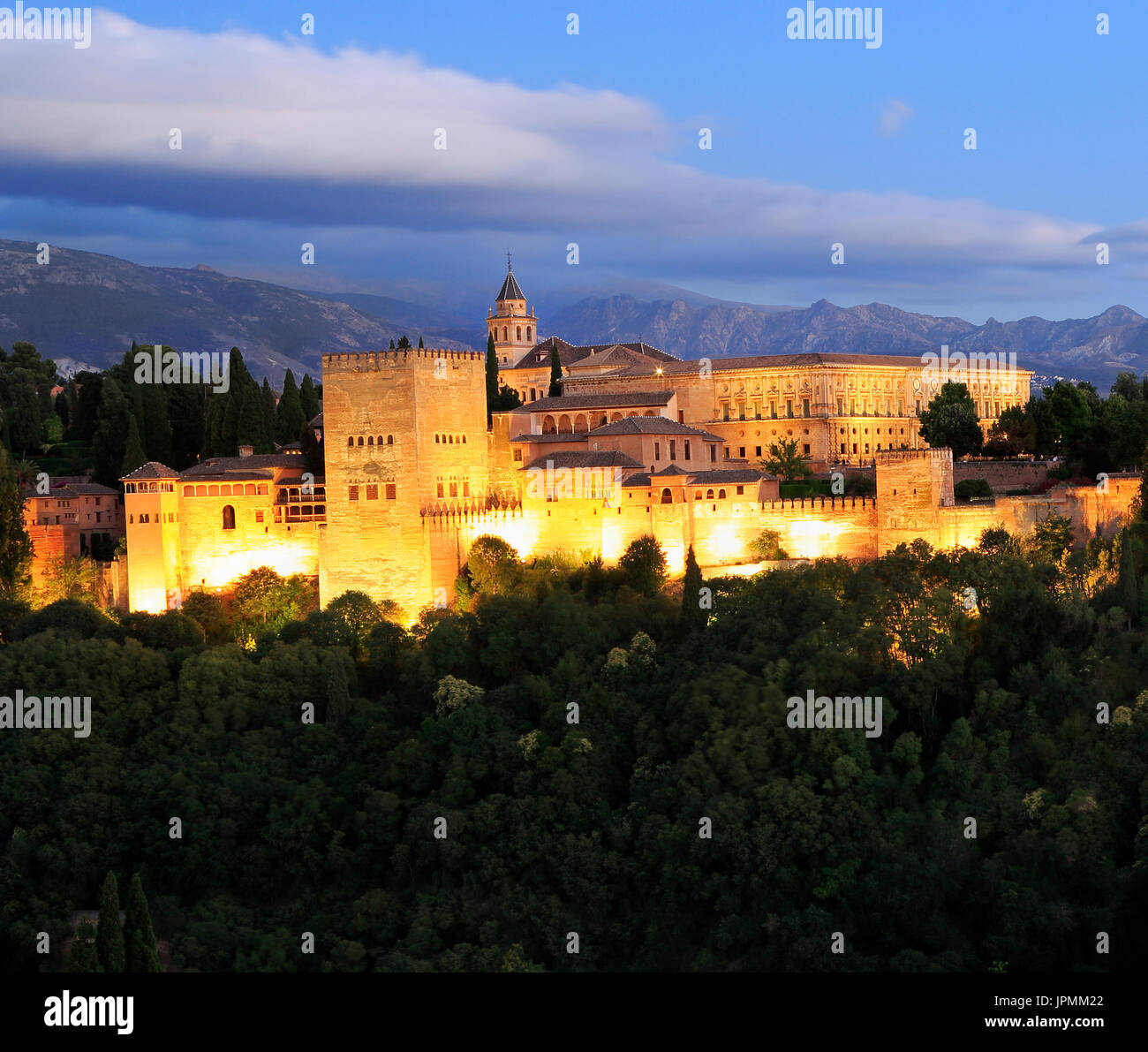 Night photo of the Alhambra Palace, in Granada, Andalusia, Spain. A monument icon, the most visited in Spain Stock Photo