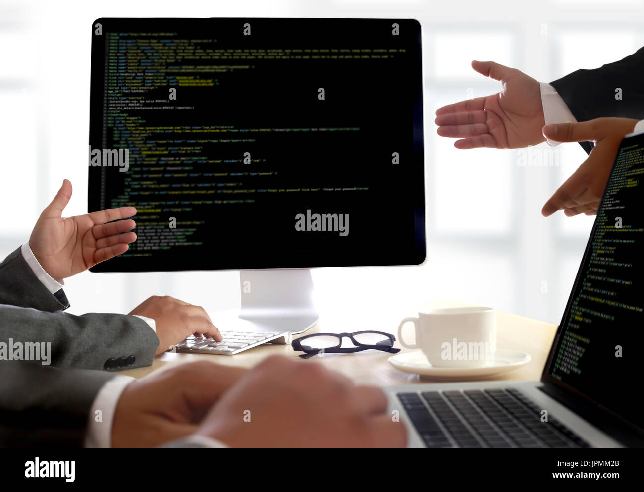 Developer Team Working Laptop Computer Mobile Application Softwareand Web Design Online Technology Content script to display Stock Photo