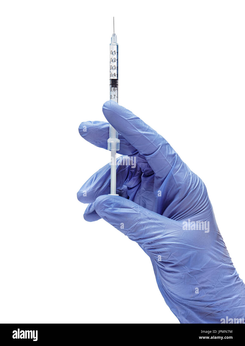 Man's hand in medical glove with a syringe for injection on white background. Medical concept. Close up. High resolution product Stock Photo