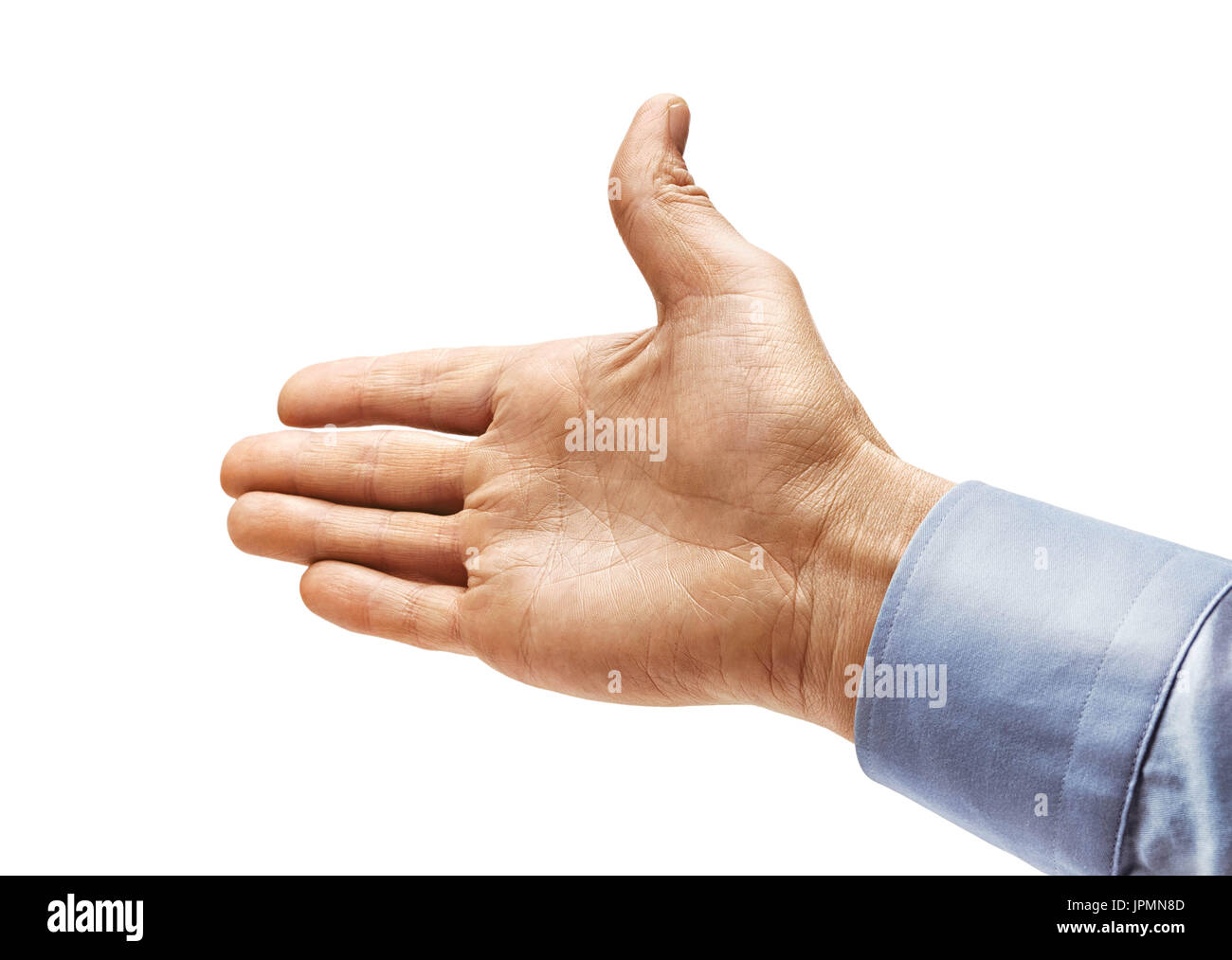 Man's hand in a shirt outstretched in greeting isolated on white background. Close up. High resolution Stock Photo