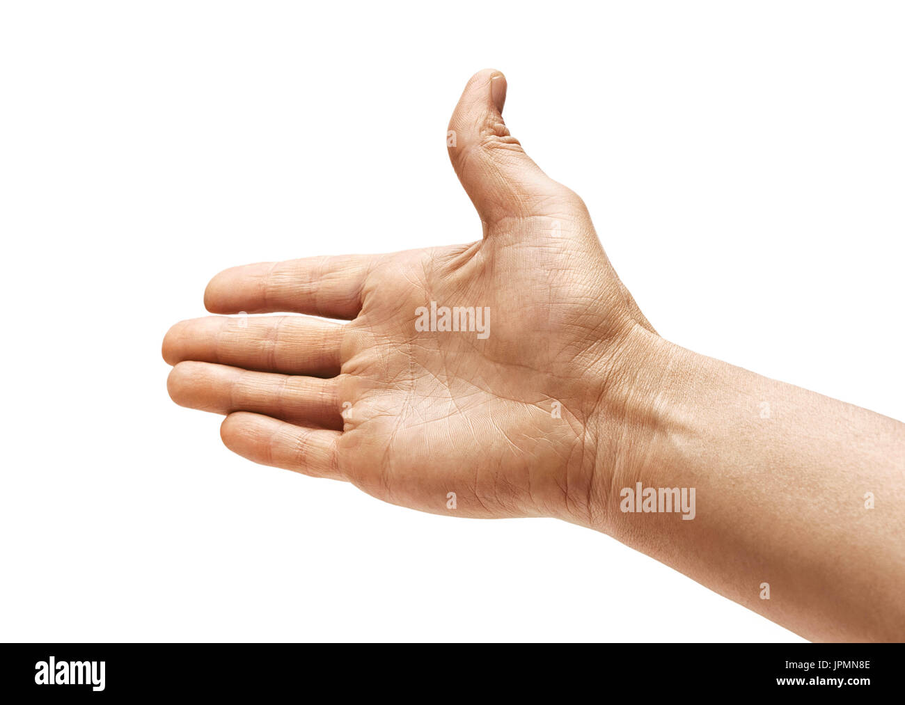 Man's hand outstretched in greeting isolated on white background. Close up. High resolution Stock Photo