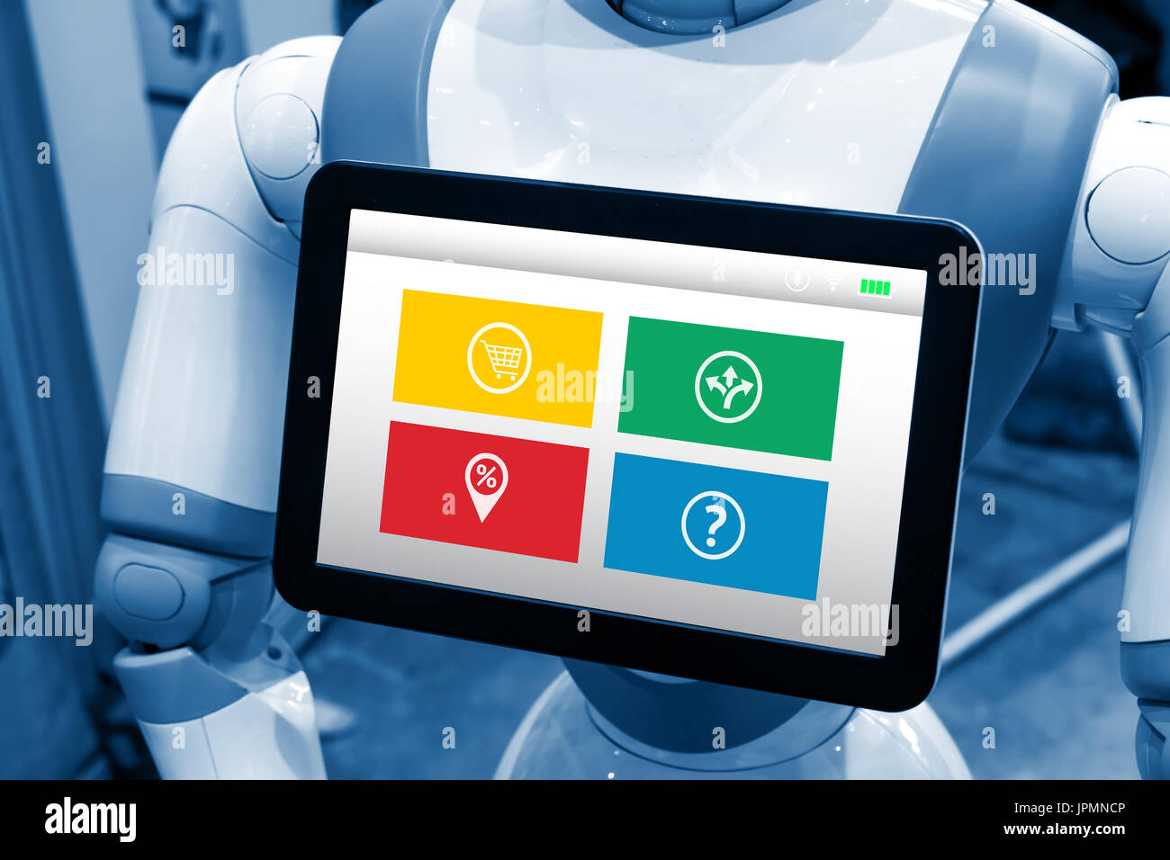 Artificial intelligence , ai concept. Robot assistant , robo-advisor ui  show application screen in smart retail mall shop Stock Photo - Alamy