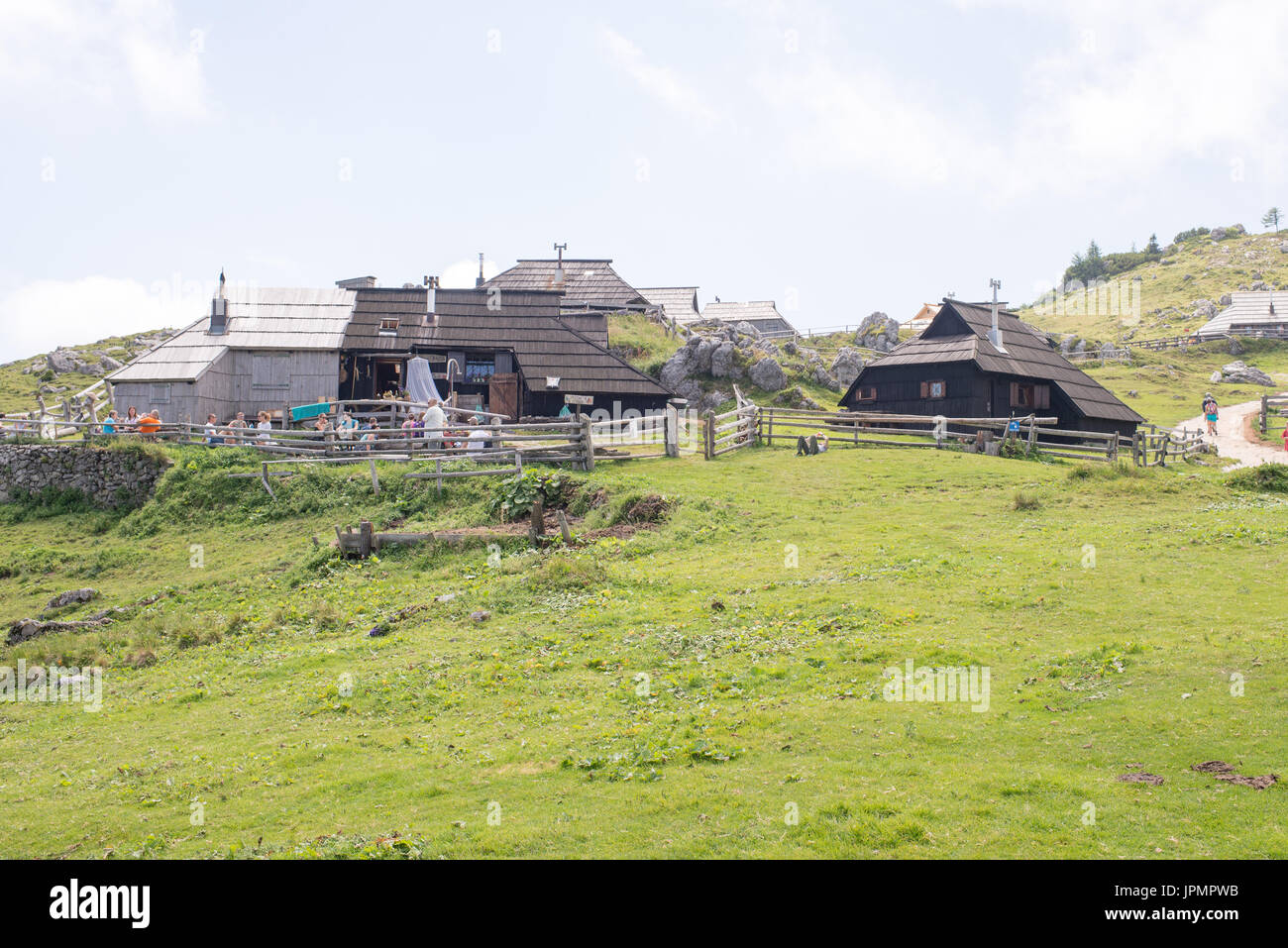 Velika planina plateau, Slovenia, Mountain village in Alps, wooden houses in traditional style, popular hiking destination Stock Photo