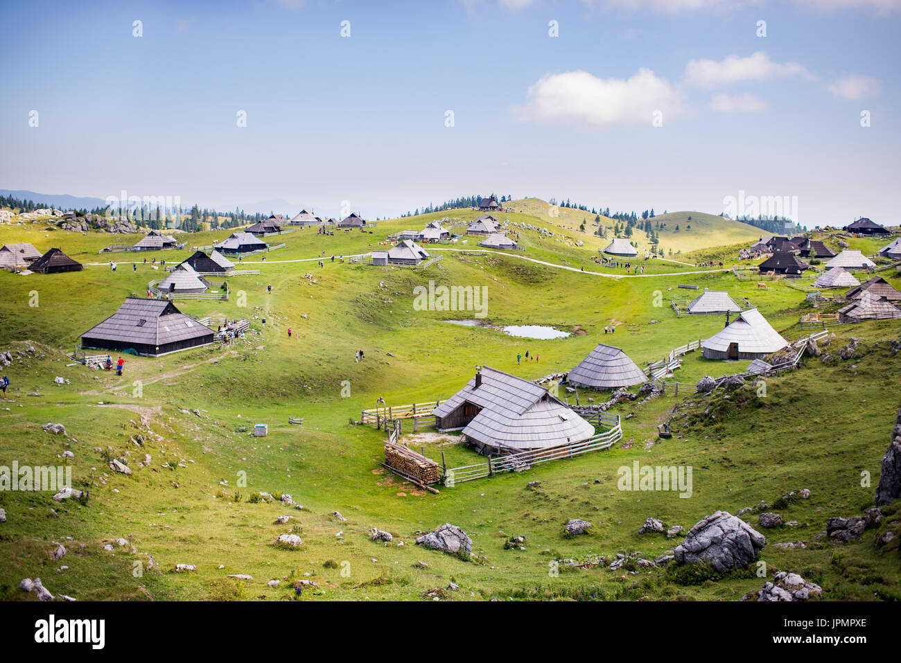Velika planina plateau, Slovenia, Mountain village in Alps, wooden houses in traditional style, popular hiking destination Stock Photo