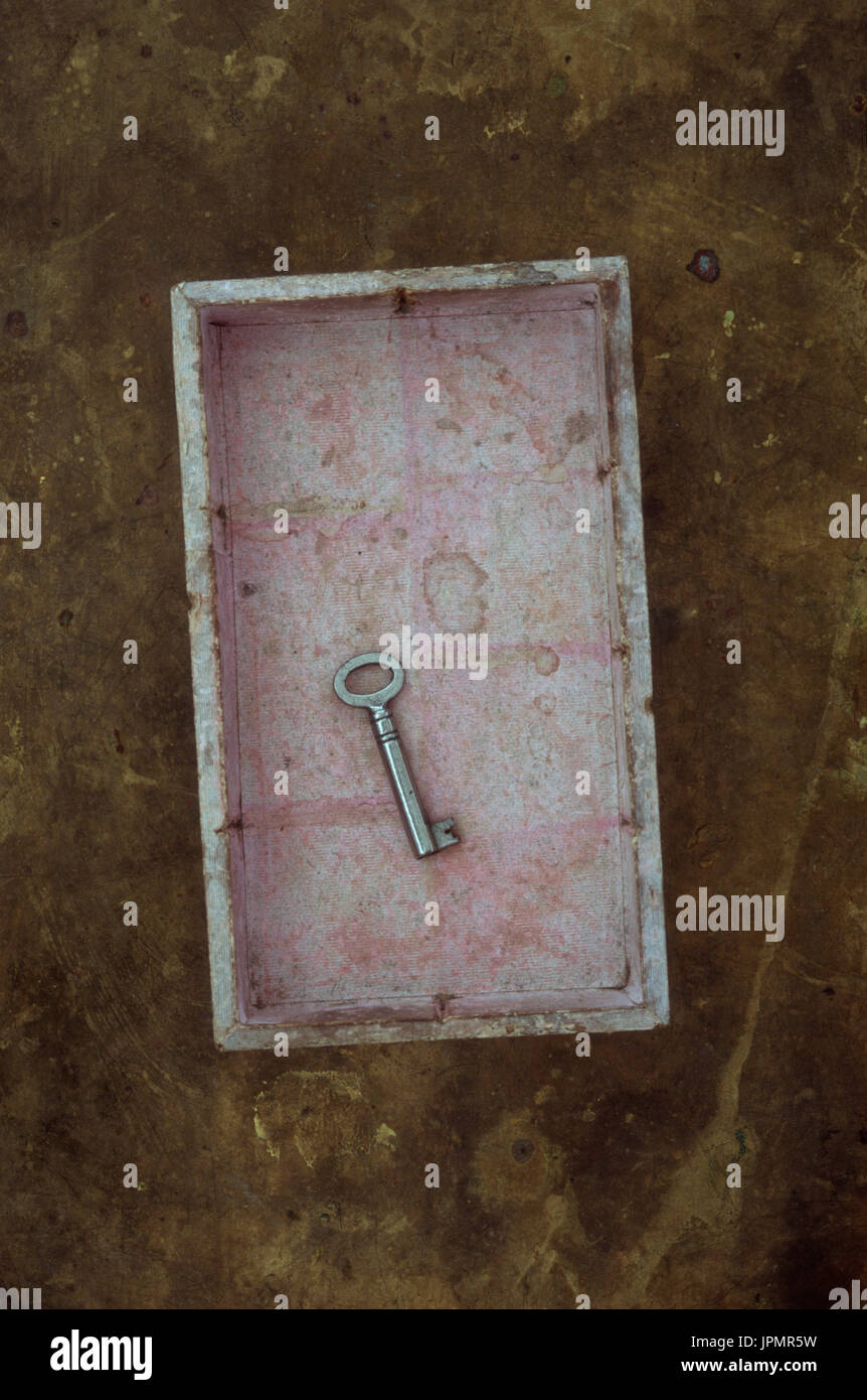 Small silver key lying in shallow tarnished pink box Stock Photo