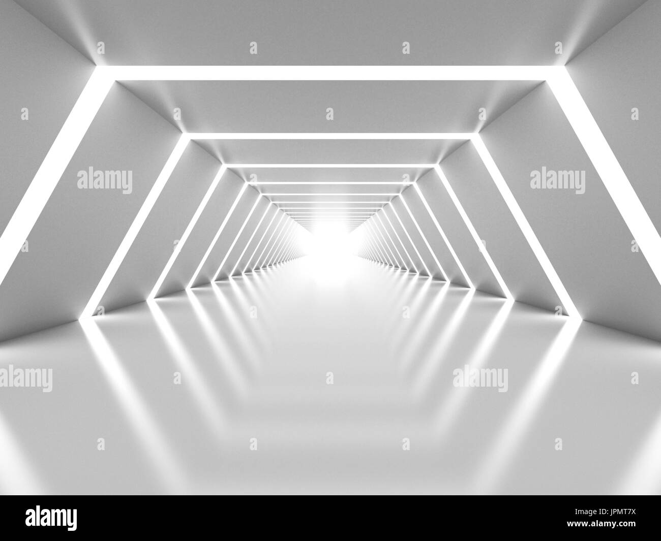 Abstract background with symmetric white shining tunnel interior Stock Photo