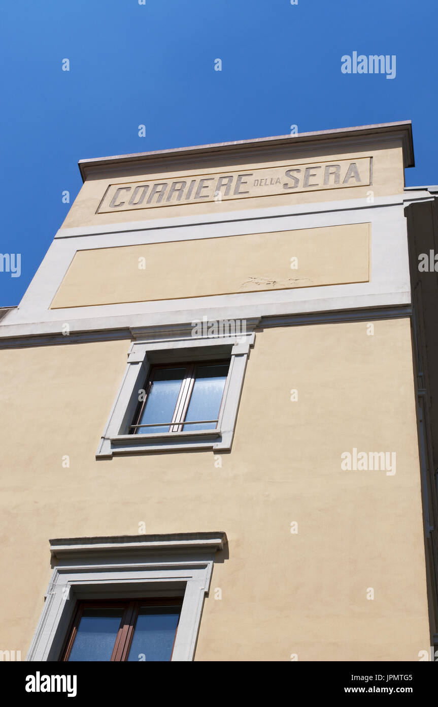 Italy: historic sign of Corriere della Sera, the most important Italian daily newspaper, founded in Milan in 1876, from the courtyard of the palace Stock Photo
