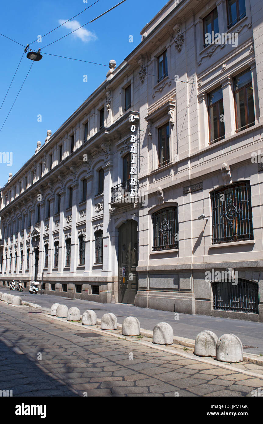 Italy: historic sign of Corriere della Sera, the most important Italian daily newspaper, founded in Milan in 1876, on the exterior of the palace Stock Photo