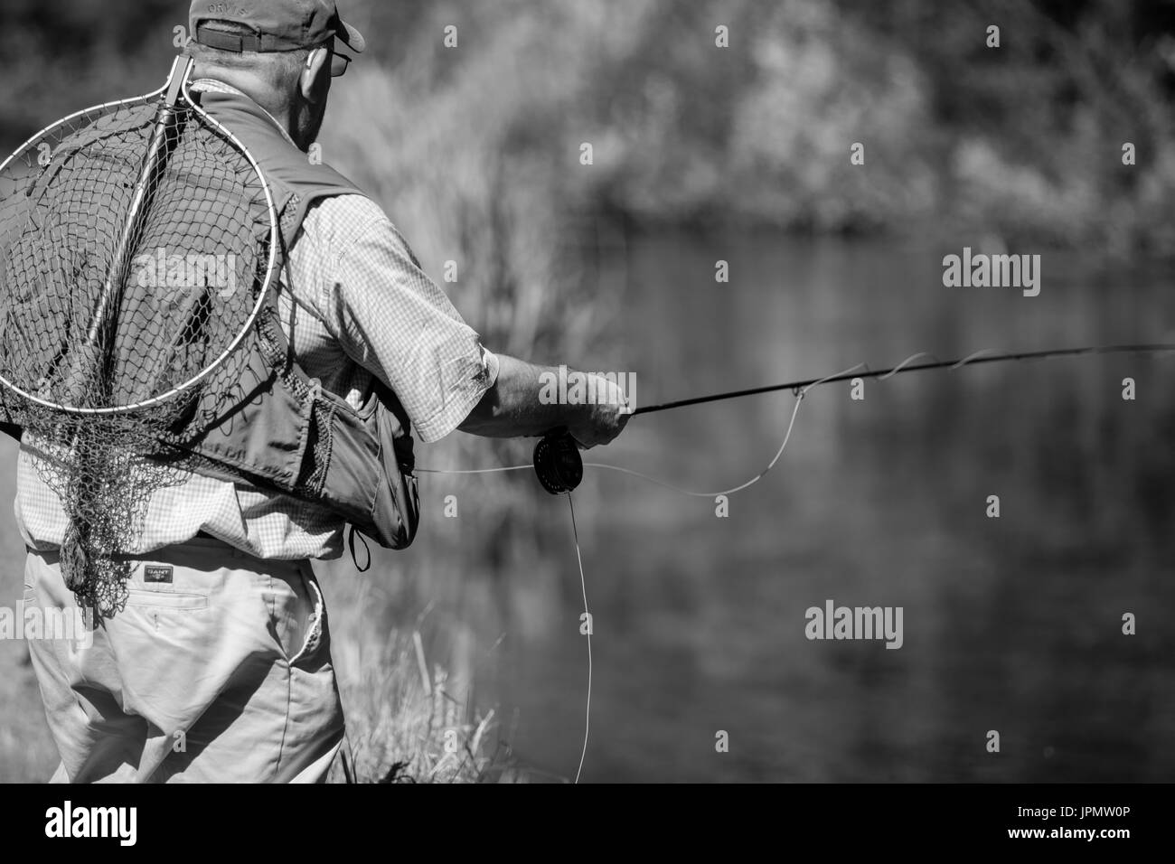 Fly fisherman casting on River Test, Hampshire, England. Stock Photo