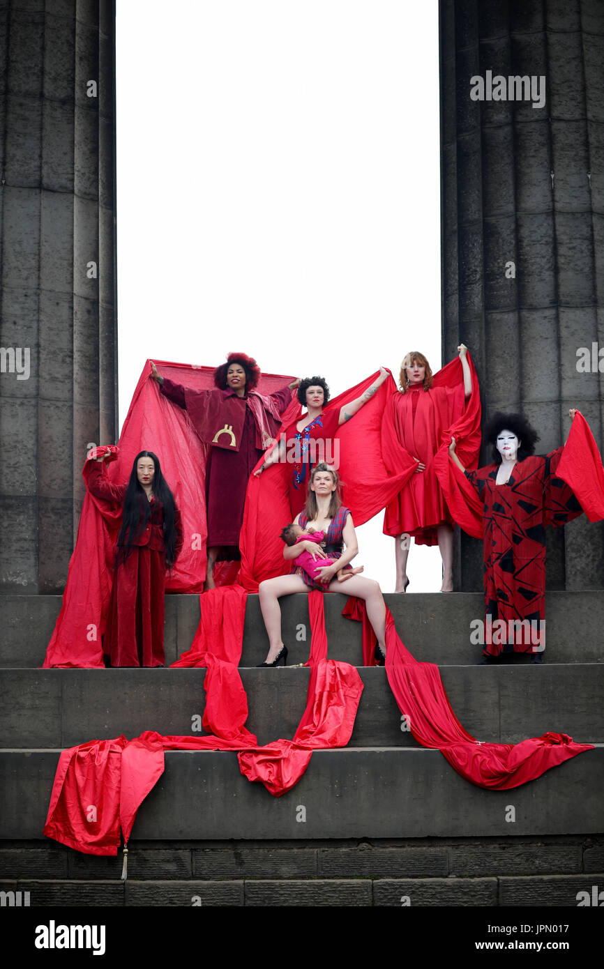The cast of Dr Carnesky's Incredible Bleeding Woman during a photocall at the National Monument of Scotland on Edinburgh's Calton Hill ahead of their 2017 Festival Fringe show. Stock Photo