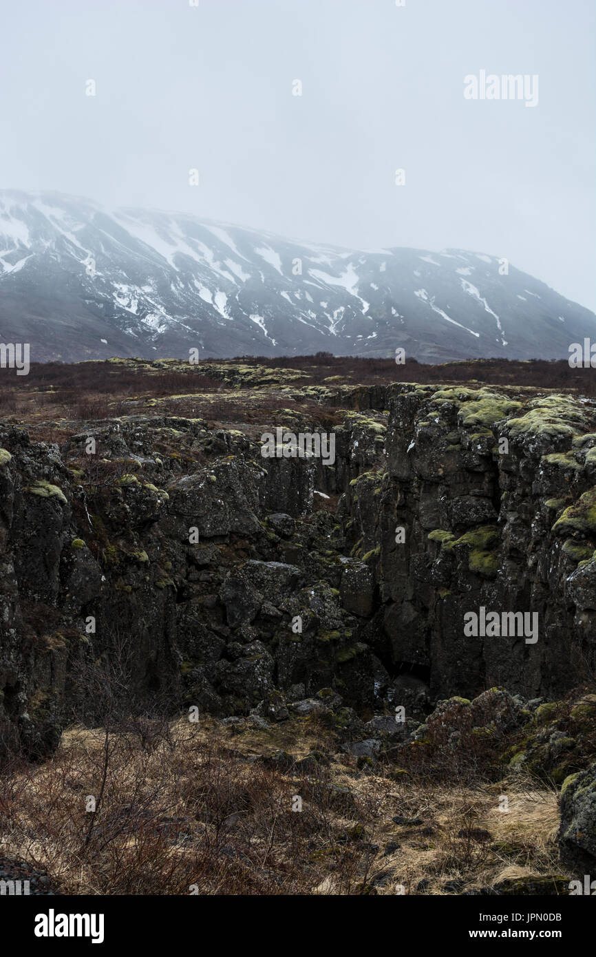 Photographed in National Park, Iceland. Volcanic Craters with Mountain in background Stock Photo
