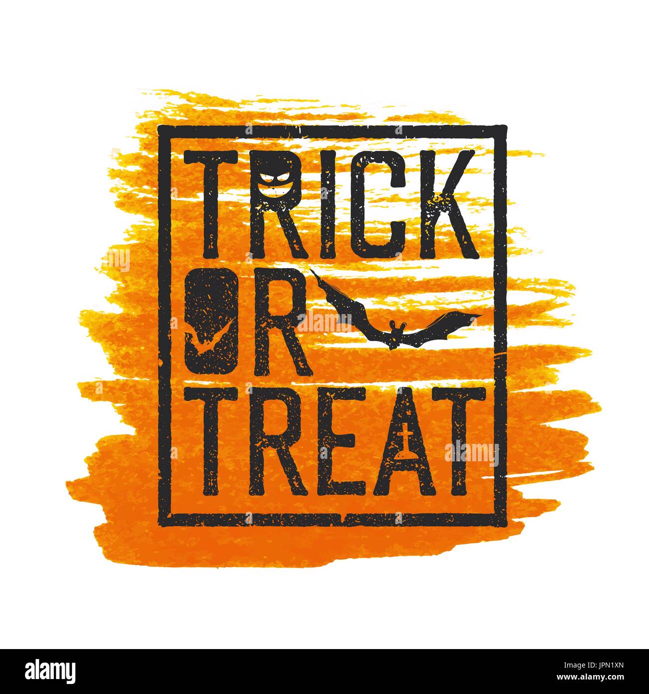 Happy Halloween Logotype.  Grunge stamp letters and scary elements (bats, grave, pumpkin). Stock Vector