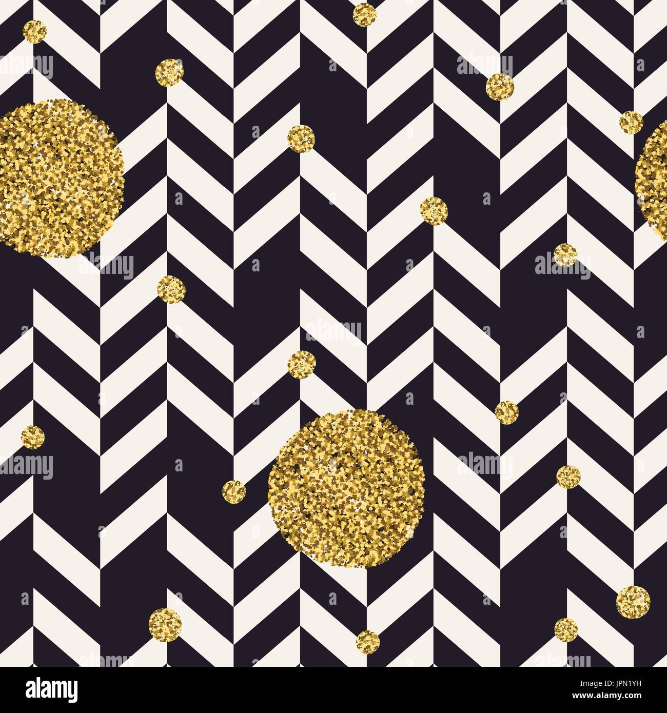 Chevron black pattern and golden chaotic dots. Seamless pattern design background. Stock Vector