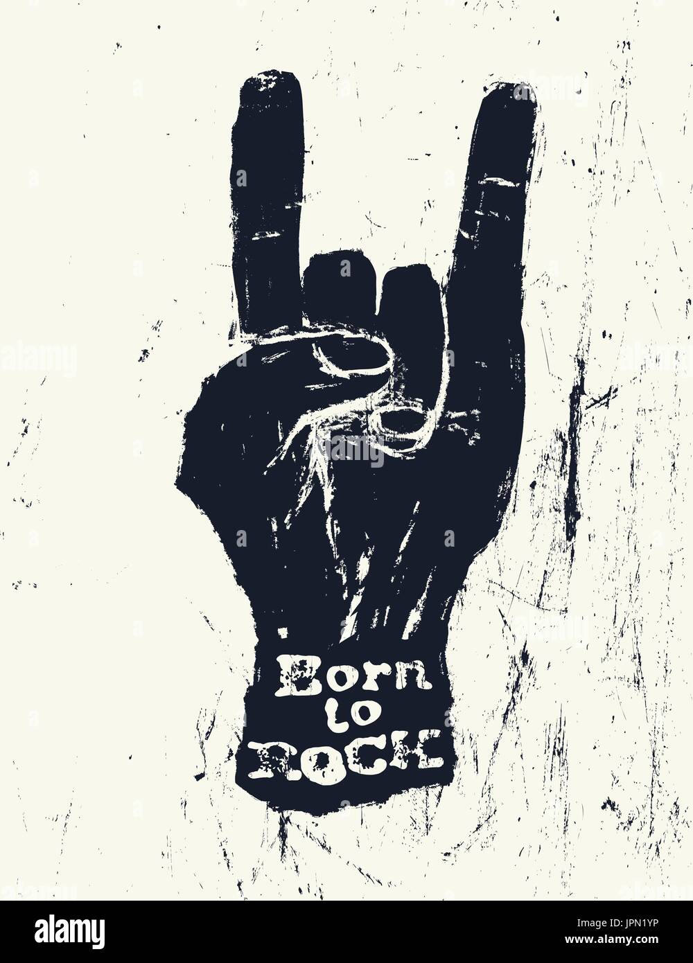 Horn gesture and "Born to Rock" text. Rockstar concept. Vector