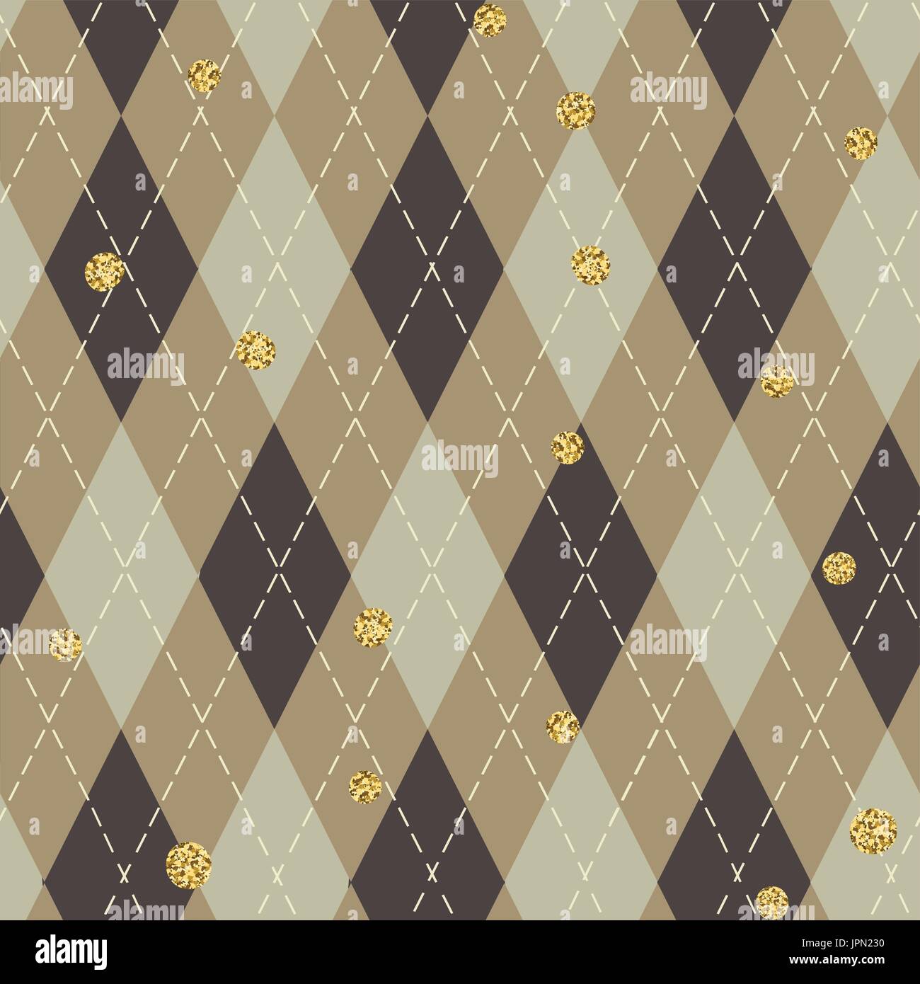 Seamless blue argyle pattern with chaotic golden dots. Traditional diamond check print. Vintage seamless background. Stock Vector