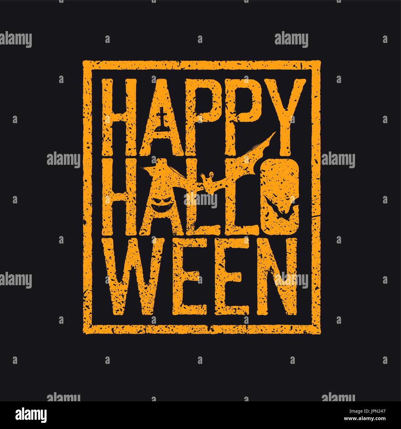 Happy Halloween Logotype.  Grunge stamp letters and scary elements (bats, grave, pumpkin). Stock Vector