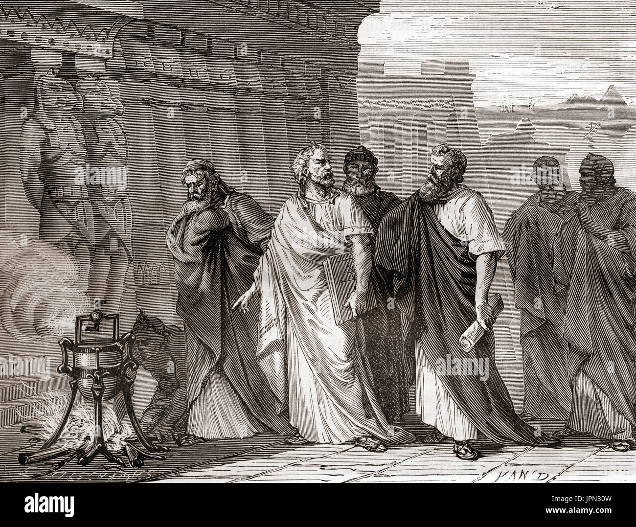 Hero demonstrating his aeolipile in front of the scholars of the school of Alexandria.  An aeolipile aka aeolipyle, eolipile, or Heron's engine, is a simple bladeless radial steam turbine which spins when the central water container is heated.  Hero of Alexandria, aka Heron of Alexandria; c. 10 AD – c. 70 AD.  Greek mathematician and engineer.  From Les Merveilles de la Science, published 1870. Stock Photo