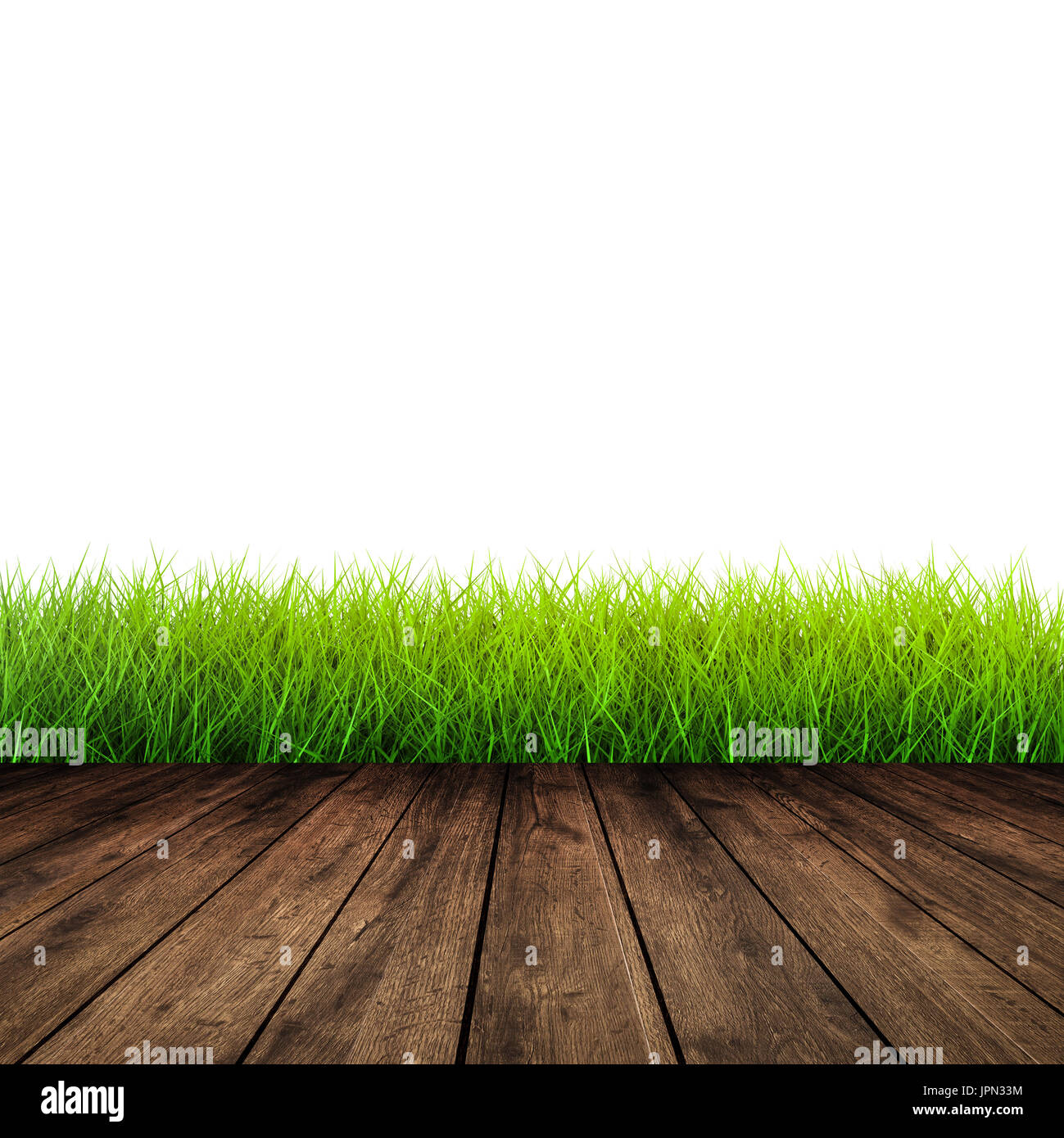 wooden floor with green grass on white background Stock Photo - Alamy
