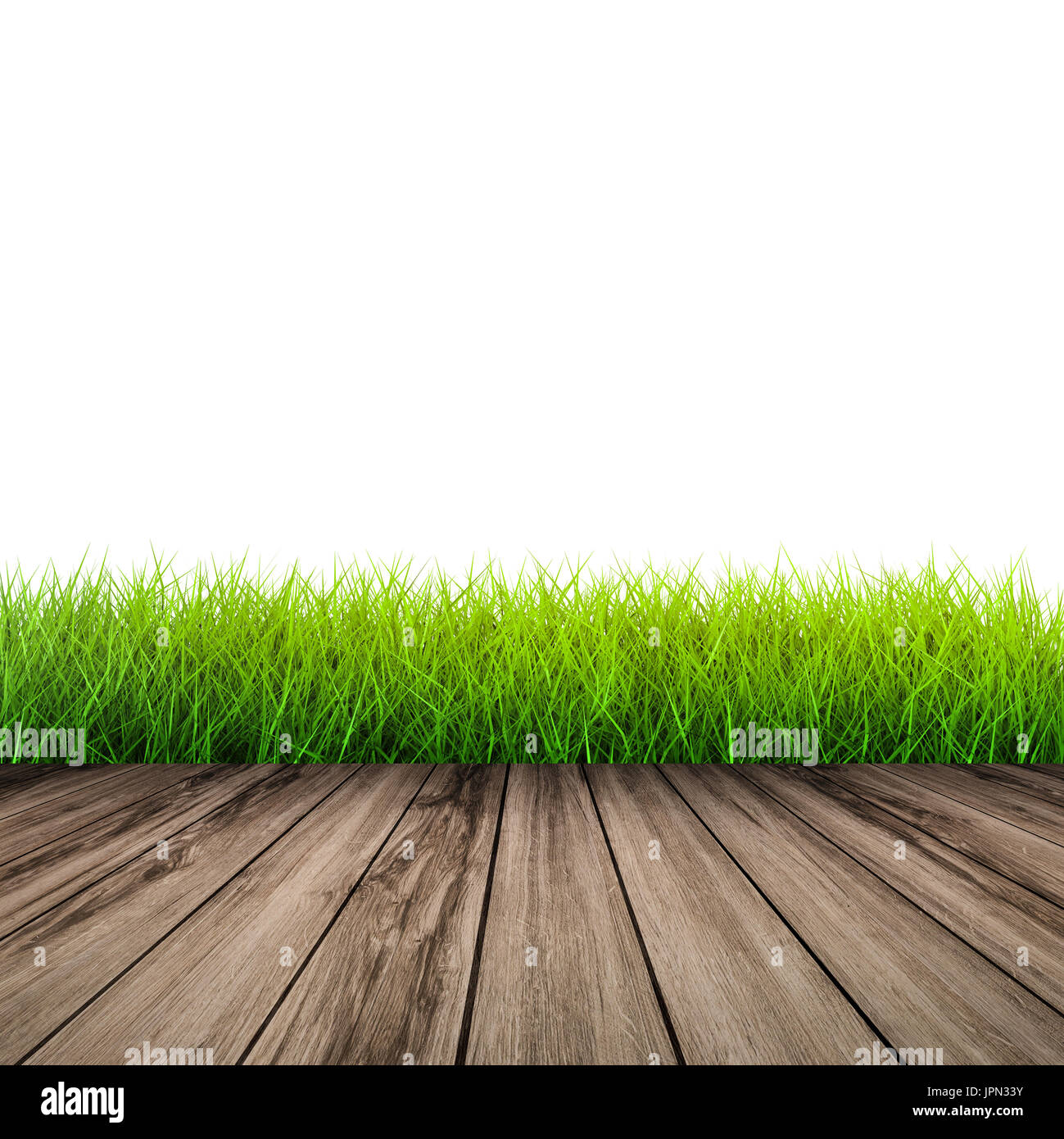wooden floor with green grass on white background Stock Photo - Alamy