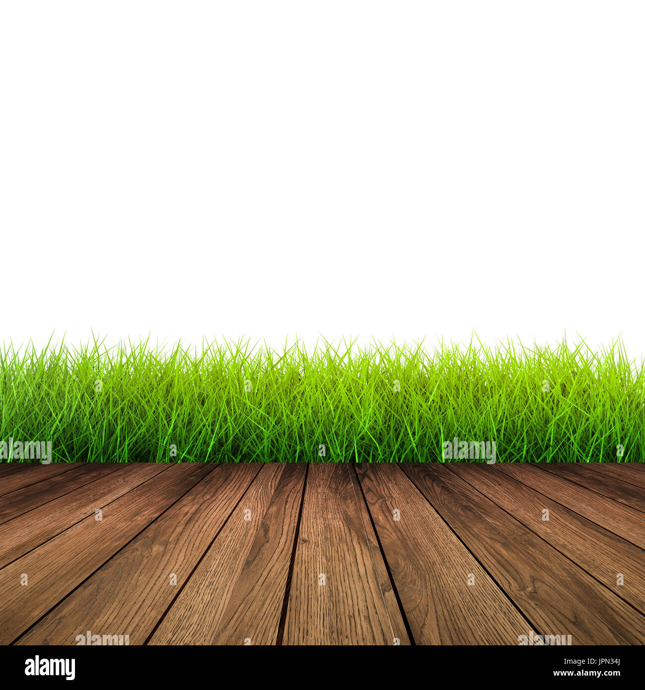 wooden floor with green grass on white background Stock Photo - Alamy