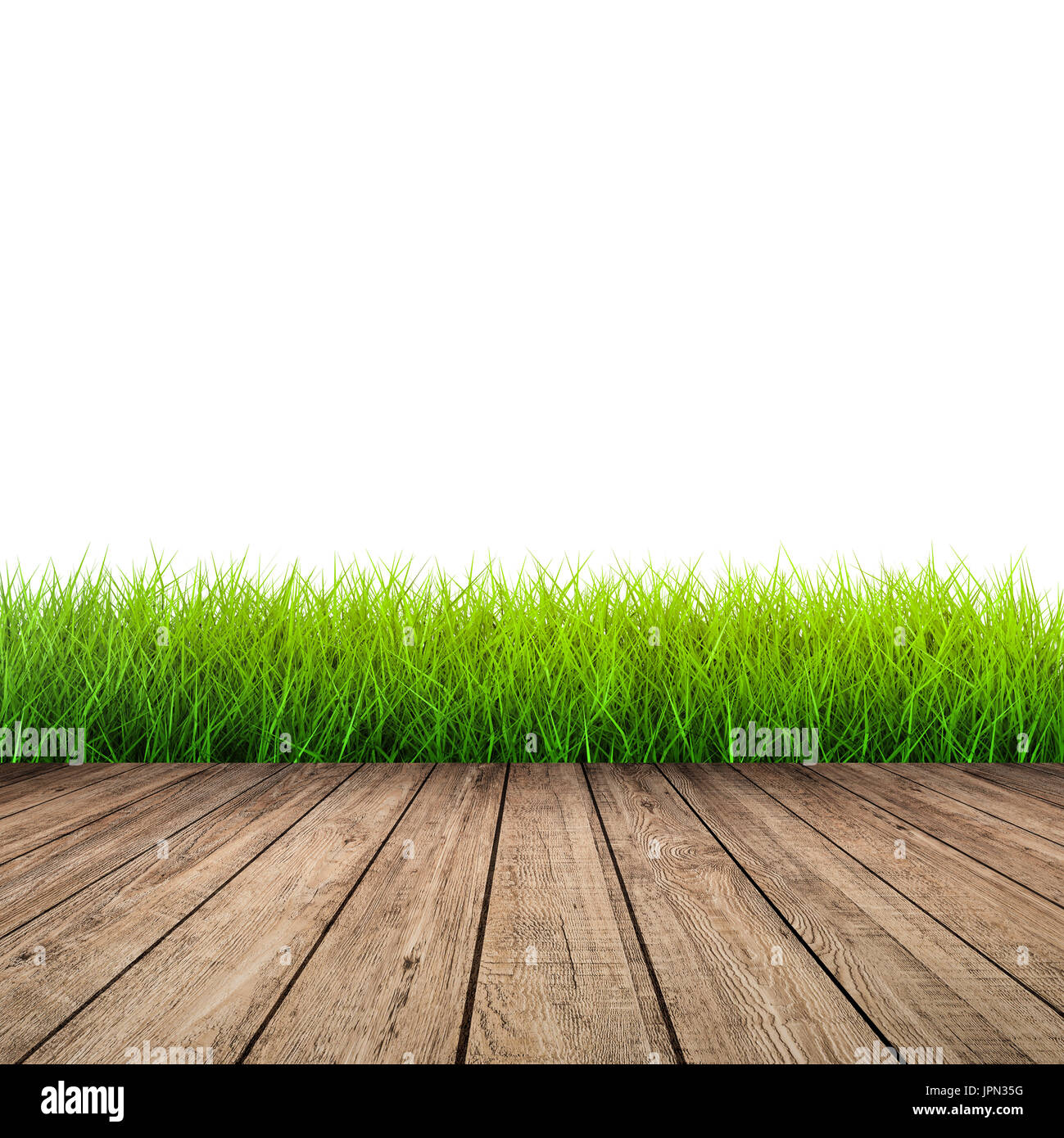 wooden floor with green grass on white background Stock Photo - Alamy