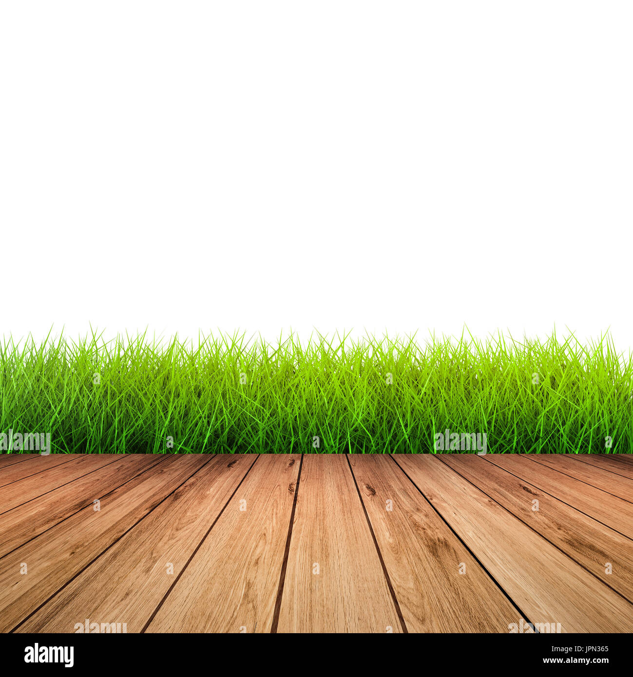 wooden floor with green grass on white background Stock Photo - Alamy