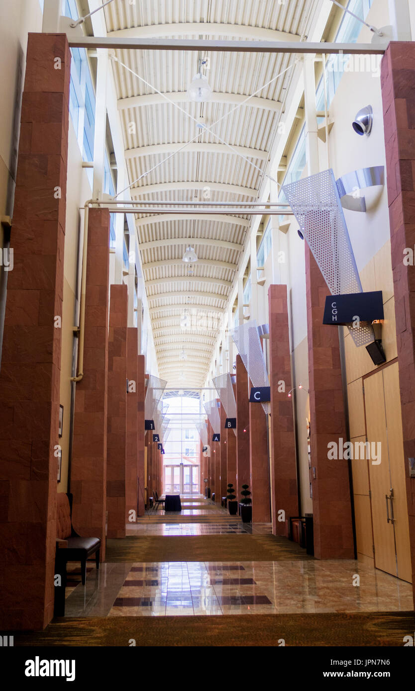 A meeting hall hallway with tall large curved beams Stock Photo Alamy