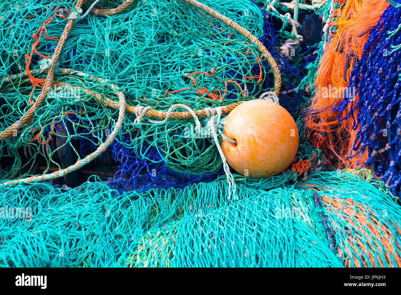 Fishing nets at the side of a fishing boat, Hove, Sussex. Stock Photo