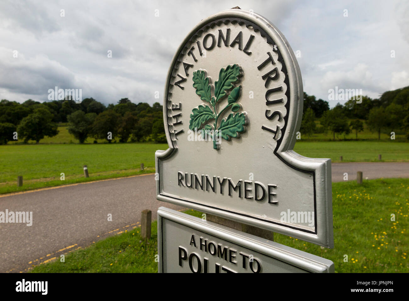 National Trust sign / signpost / post; Runnymede, Surrey. UK. Runnymede was the site of the signing of Magna Carta in year 1215. (89) Stock Photo
