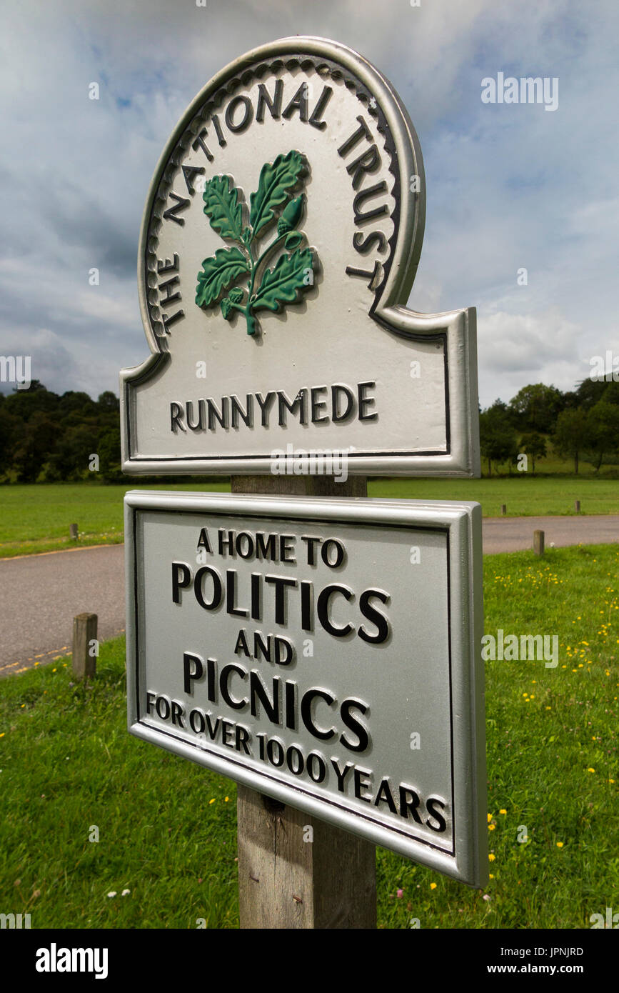 National Trust sign / signpost / post; Runnymede, Surrey. UK. Runnymede was the site of the signing of Magna Carta in year 1215. (89) Stock Photo
