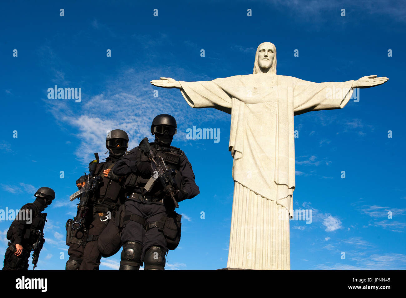 Rio de Janeiro Special Police BOPE make a tactical training in the Christ the Redeemer one of the main tourist attraction in Rio de Janeiro, Brazil Stock Photo