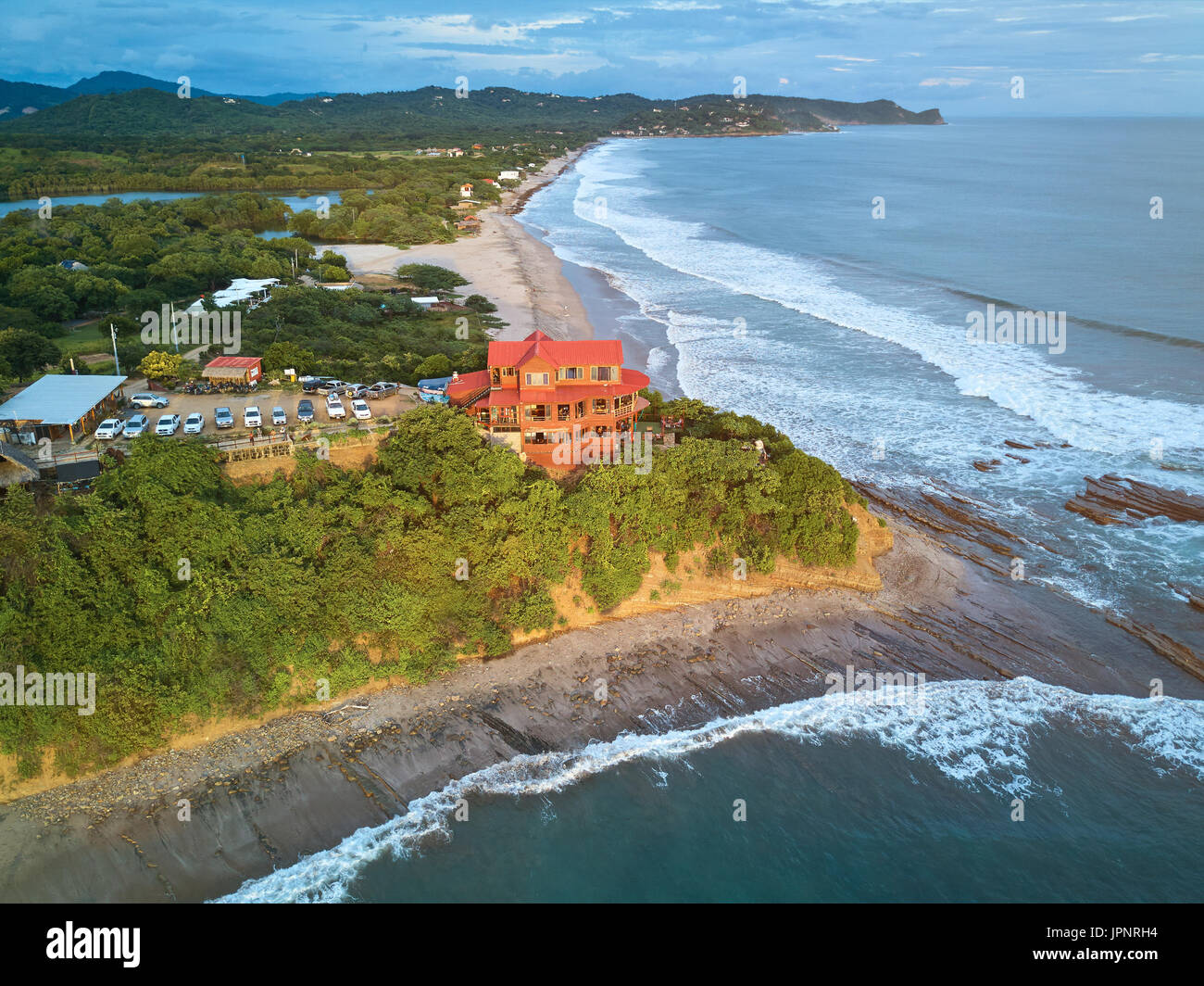 Santana beach aerial drone view in Nicaragua. Shore line for surfers Stock Photo