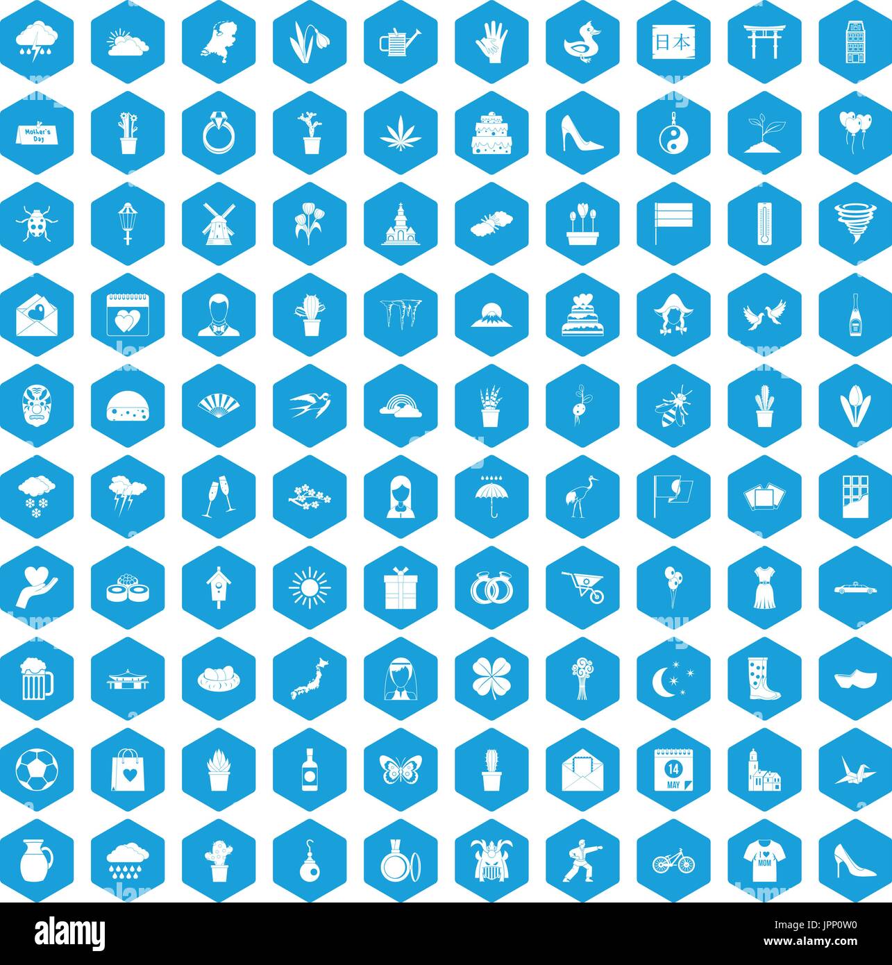 100 flowers icons set blue Stock Vector