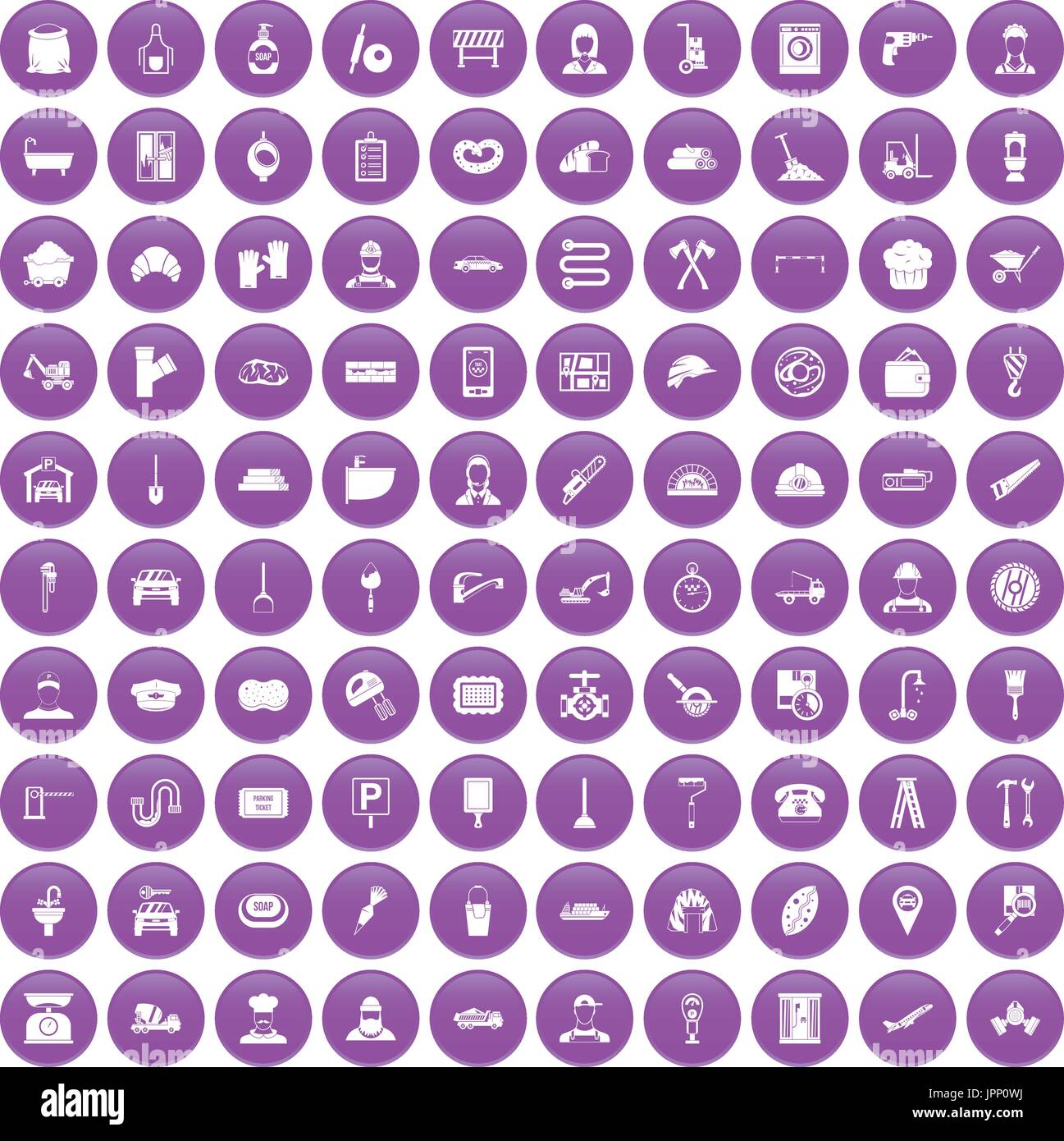 100 working professions icons set purple Stock Vector