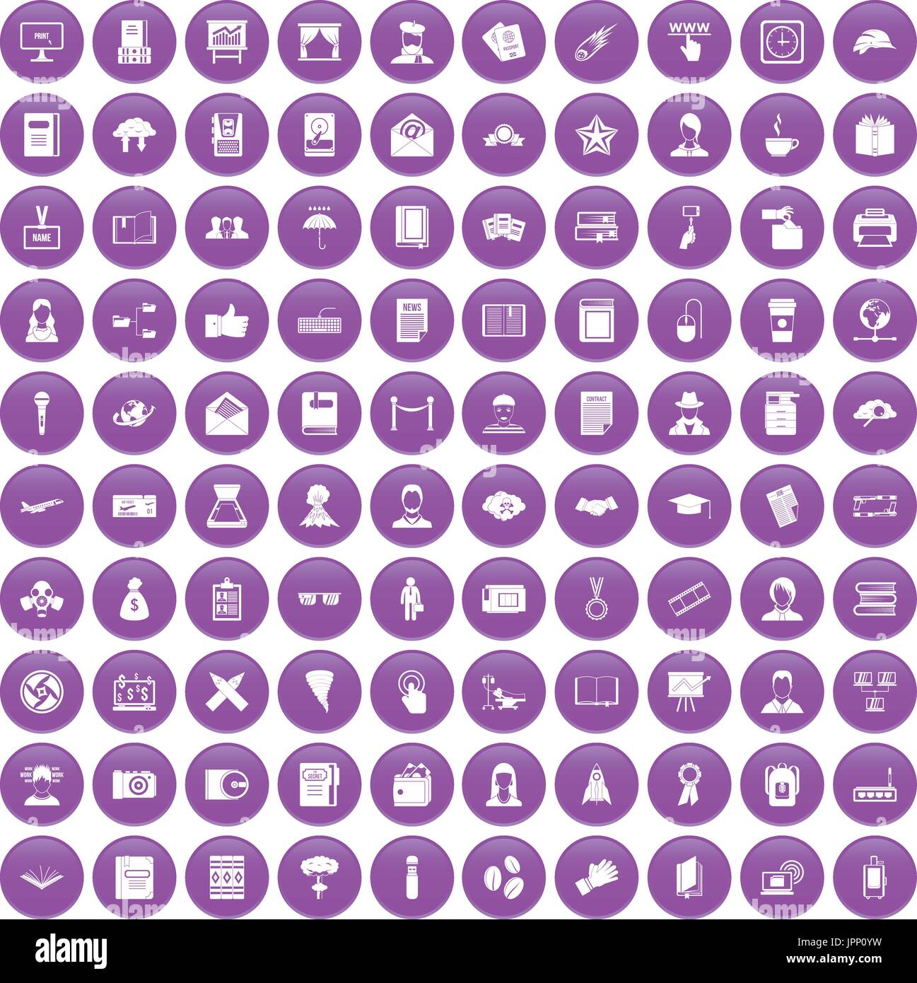 100 writer icons set purple Stock Vector