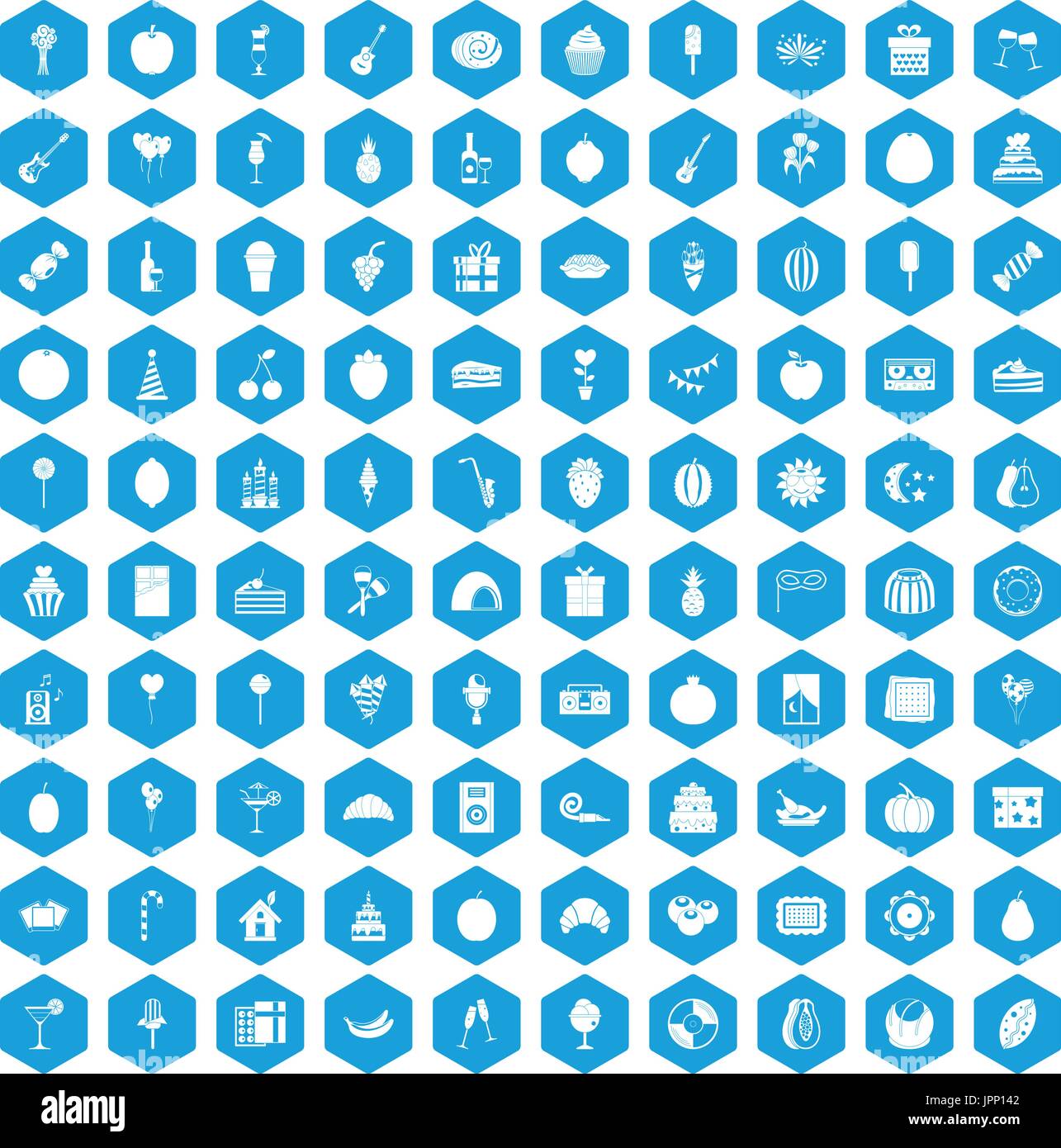 100 fruit party icons set blue Stock Vector